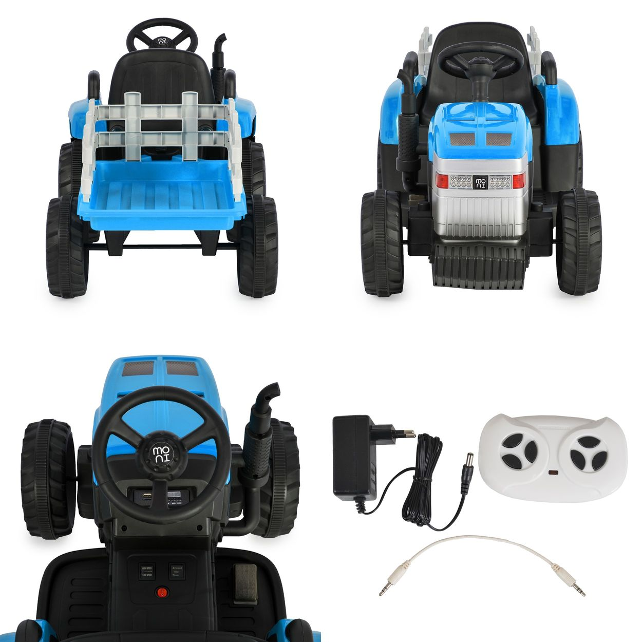 Eine Zusammenstellung von Bildern eines blauen Spielzeugtraktors. Mehrere Winkel werden gezeigt, einschließlich des Traktors und seines Zubehörs.