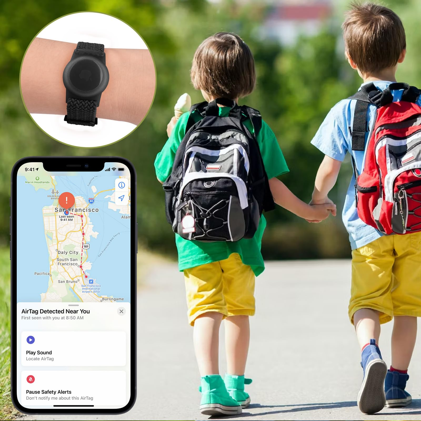 Zwei Kinder gehen, eines hält die Hand des anderen. Ein Telefonbildschirm zeigt eine Karte mit Standortdaten und einen AirTag-Alarm.