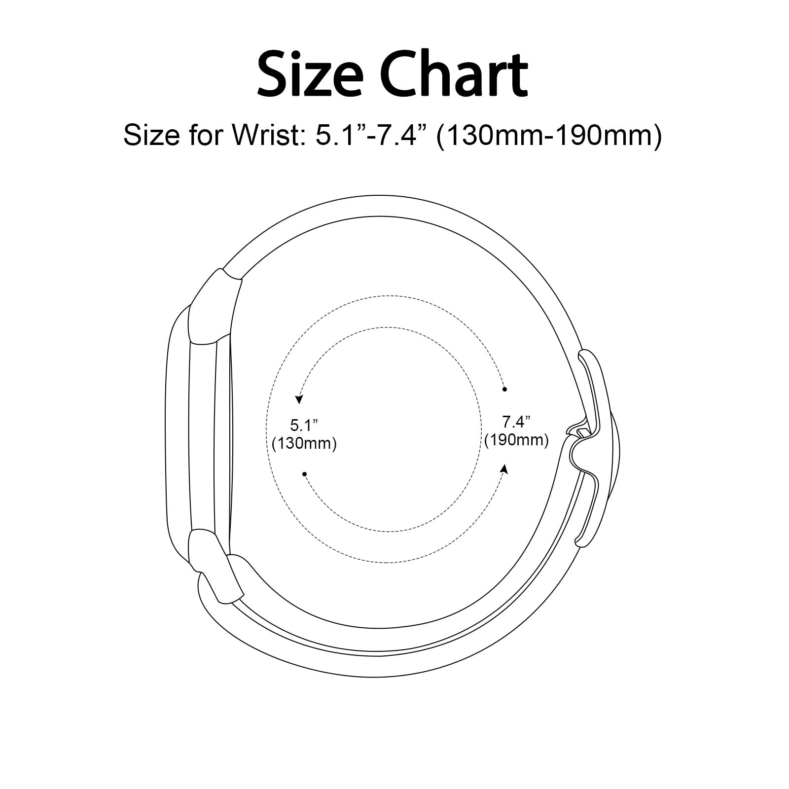 Eine Größentabelle für ein Uhrenarmband. Sie zeigt die Handgelenkgröße in Zoll und Millimetern.