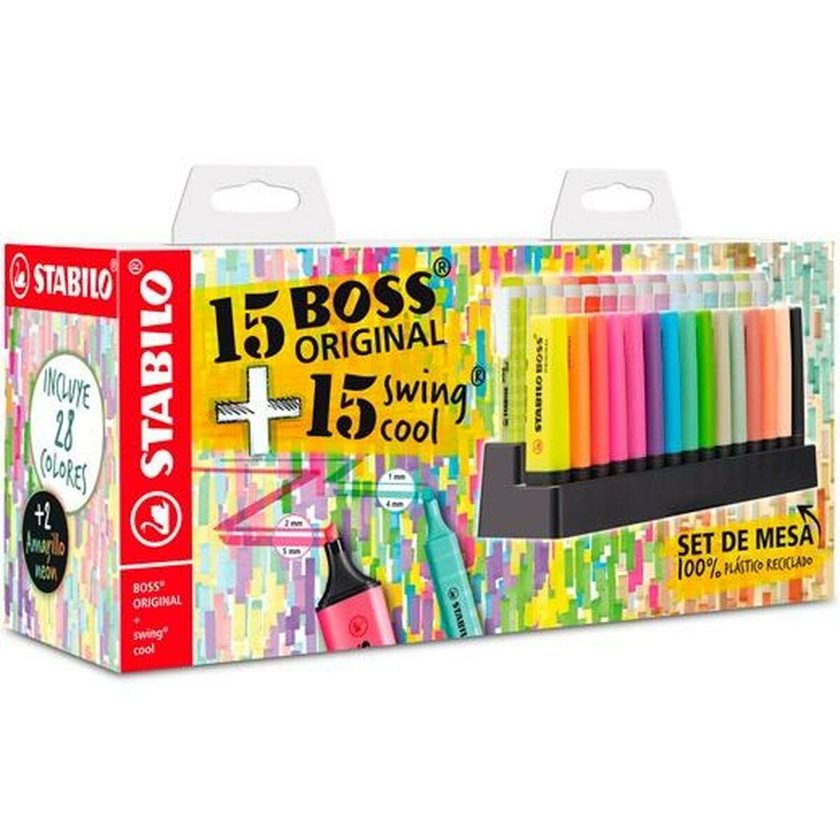 Ein Box-Set mit Stabilo Boss Textmarkern. Enthält 15 Boss Original und 15 Swing Cool Textmarker in verschiedenen Farben.