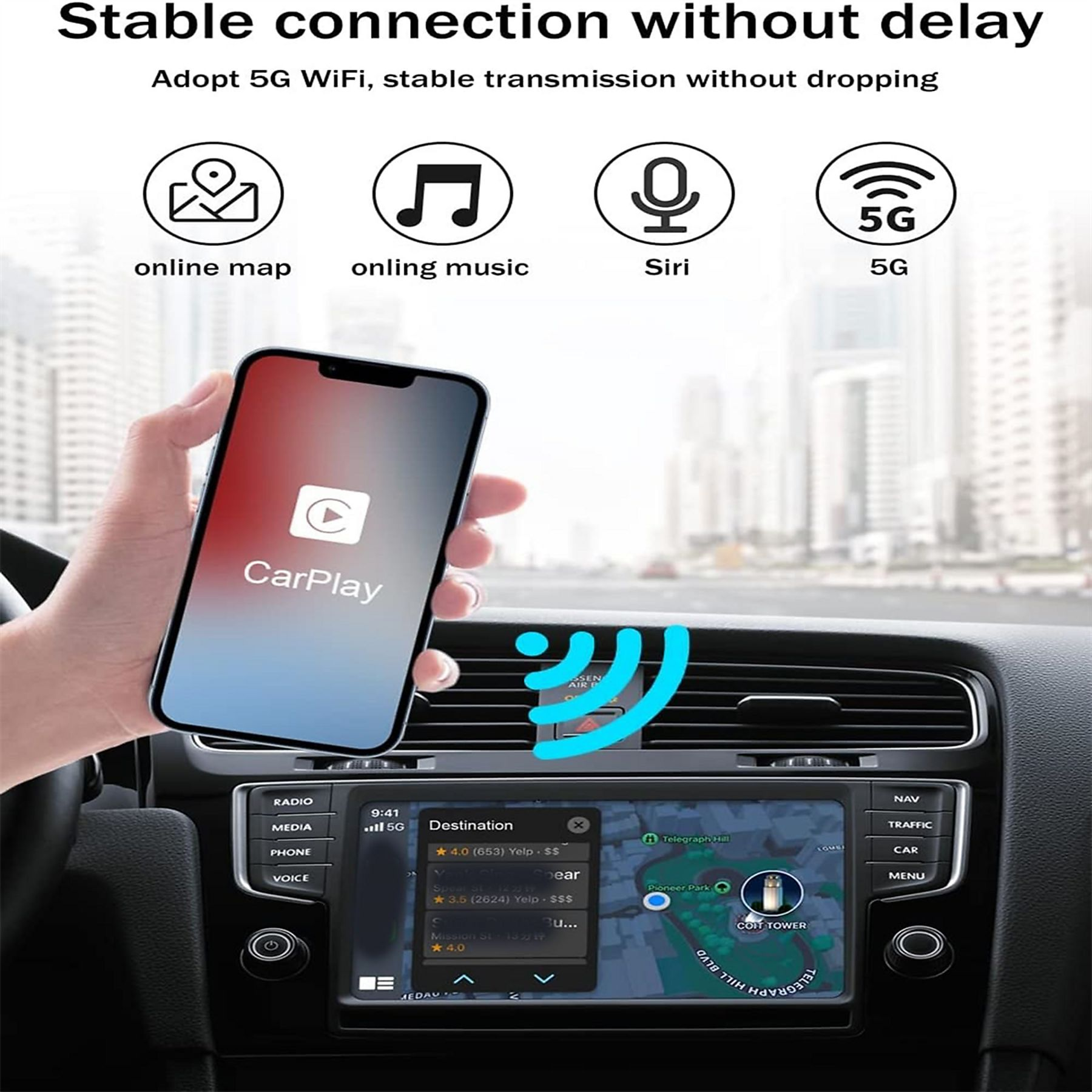 Ein Telefon, das die CarPlay-Oberfläche zeigt. Das Telefon befindet sich in einem Auto und zeigt eine Karte und Musikoptionen an.