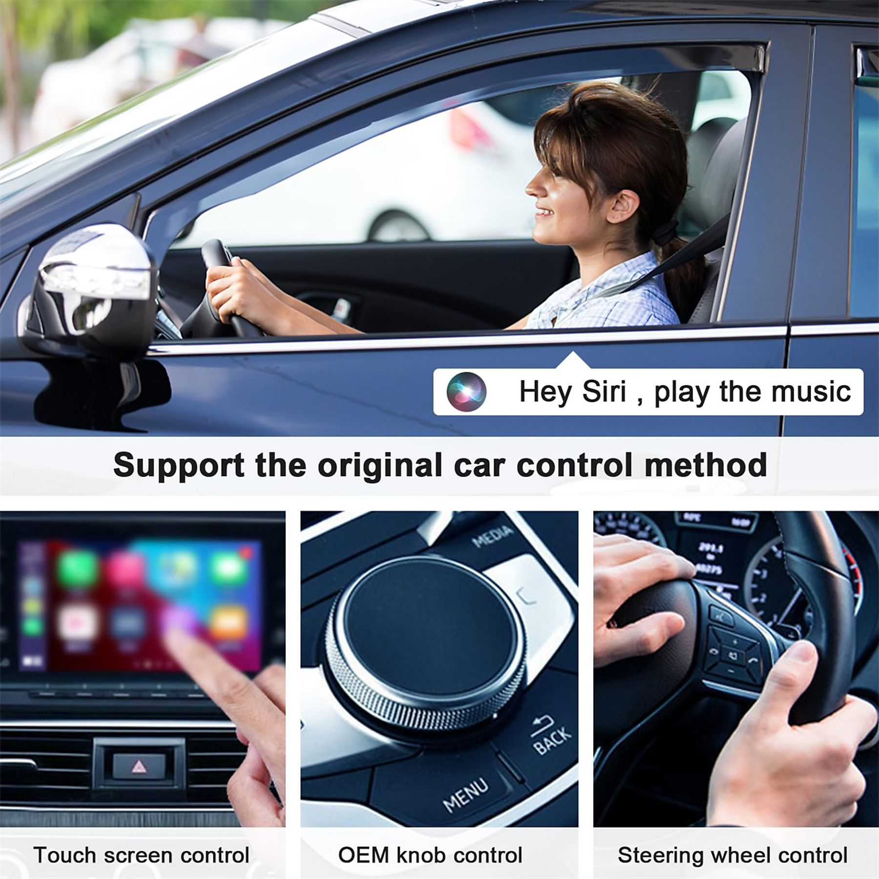 Eine Frau fährt Auto und bittet Siri, Musik abzuspielen. Das Bild zeigt verschiedene Steuerungsmethoden für das Auto.