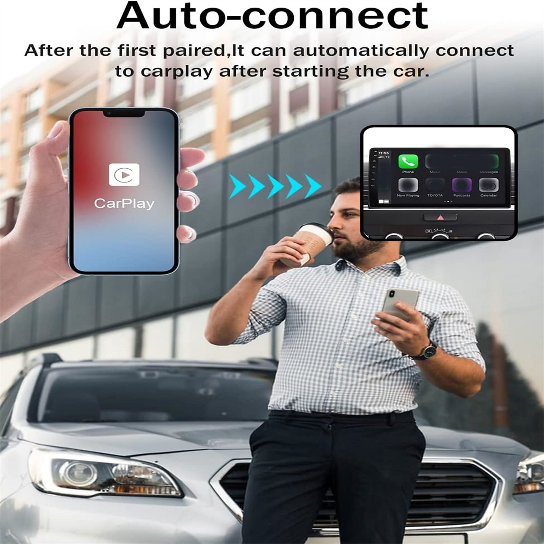Ein Mann hält ein Telefon, Carplay ist aktiviert, und ein Auto ist im Hintergrund. Das Auto verbindet sich automatisch mit Carplay.