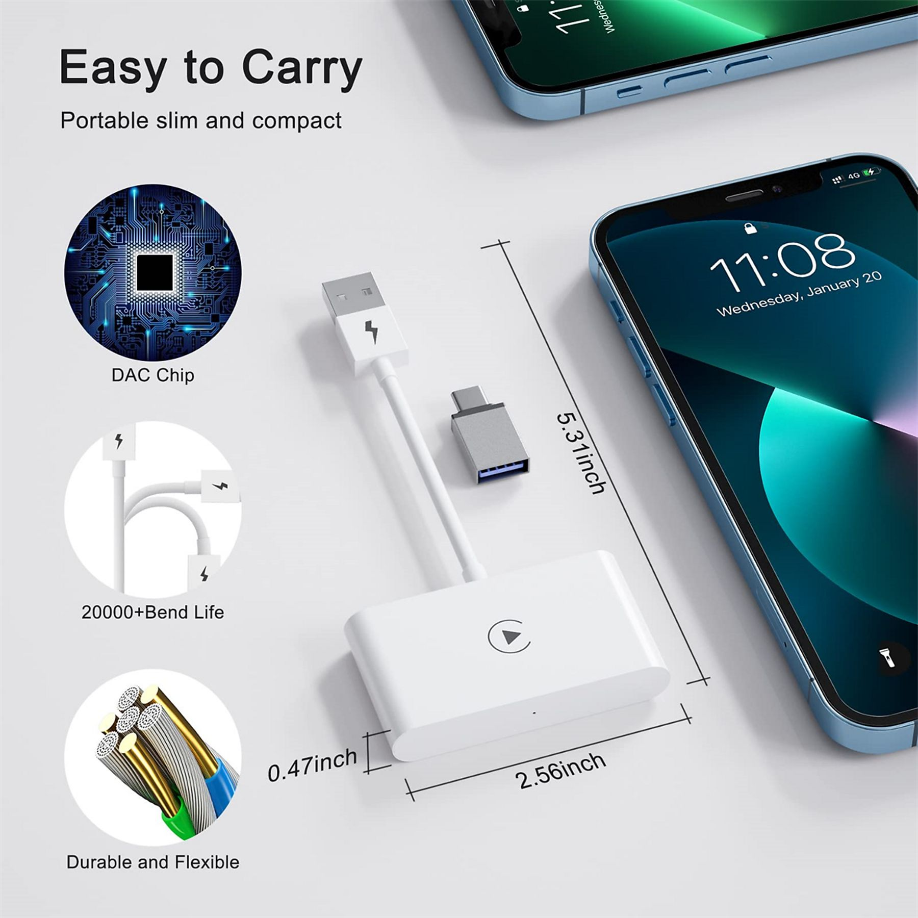 Ein Bild eines weißen Adapters und eines Telefons. Der Adapter ist leicht zu transportieren und hat ein langlebiges und flexibles Design.