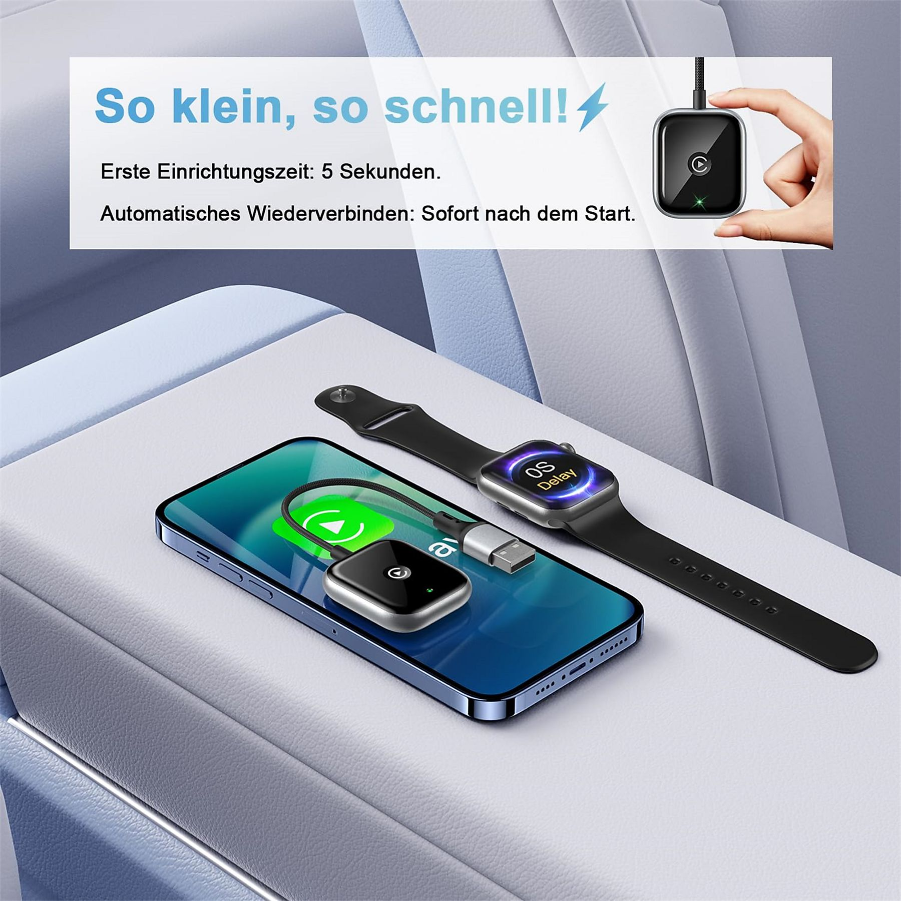 Ein Telefon, eine Smartwatch und ein Gerät werden gezeigt. Text sagt: 'So klein, so schnell!'