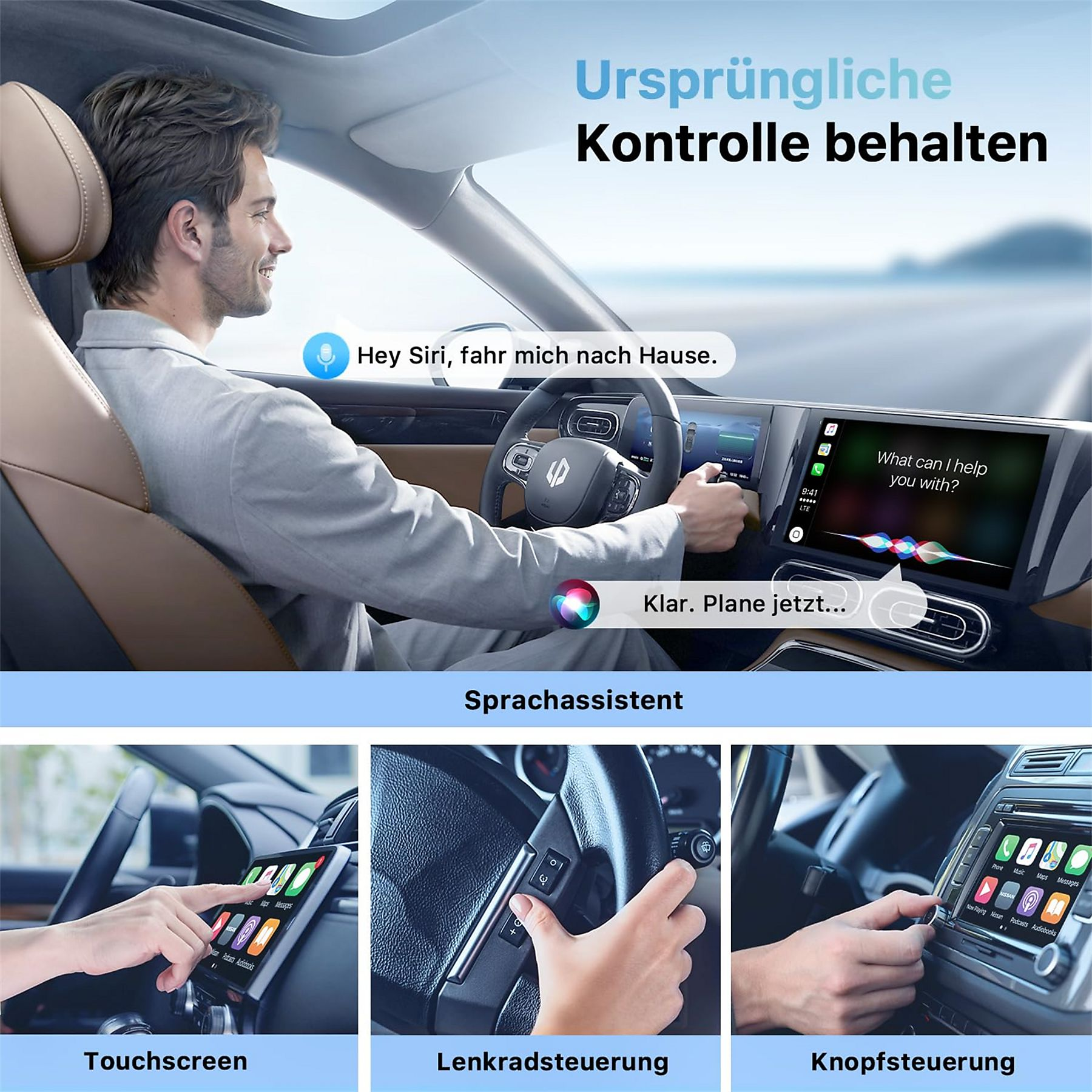 Ein Autointerieur mit Touchscreen, Lenkrad und Tasten zur Steuerung von Carplay.