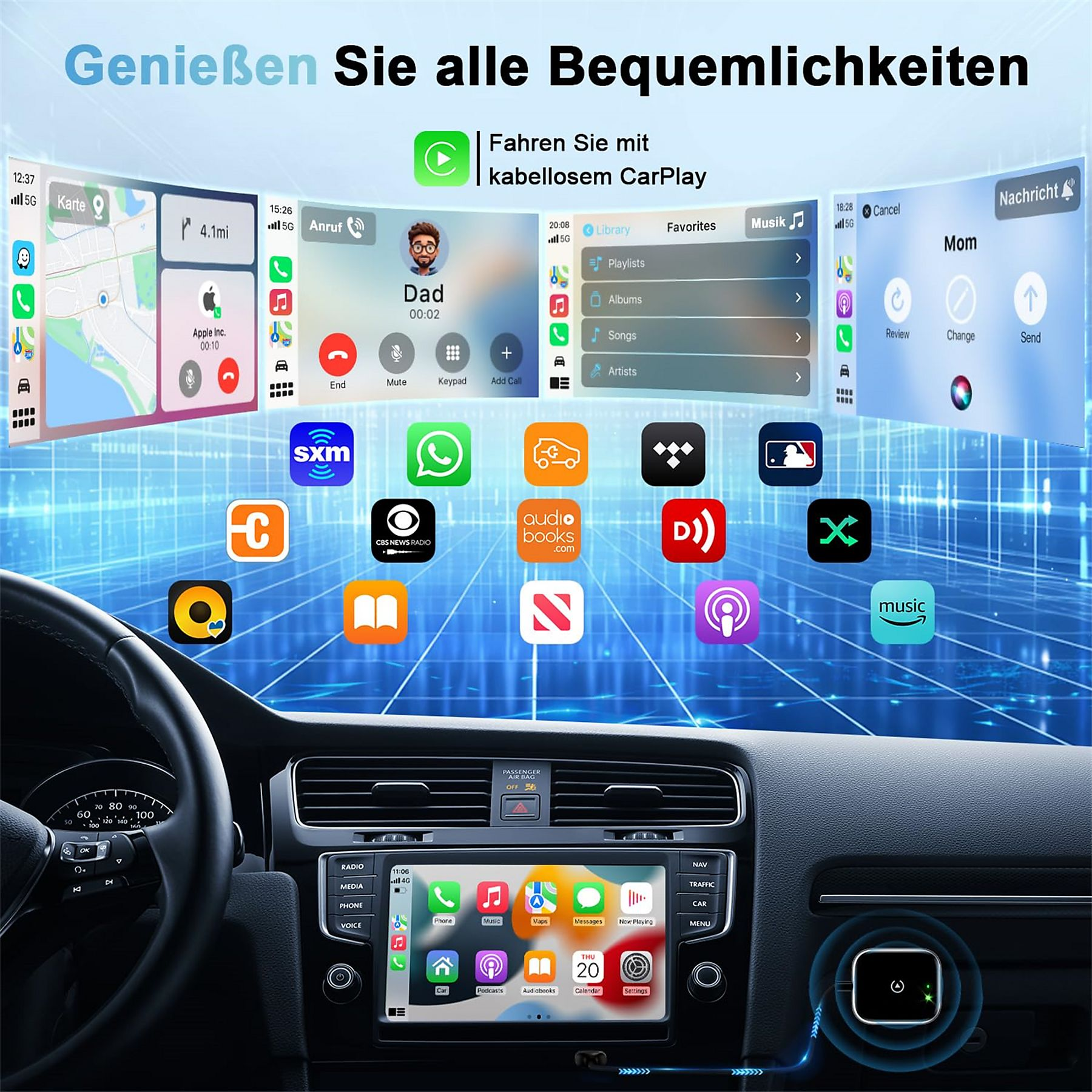 Ein Autointerieur mit einem Display, das Carplay-Apps zeigt. Der Text lautet: 'Genießen Sie alle Annehmlichkeiten'.