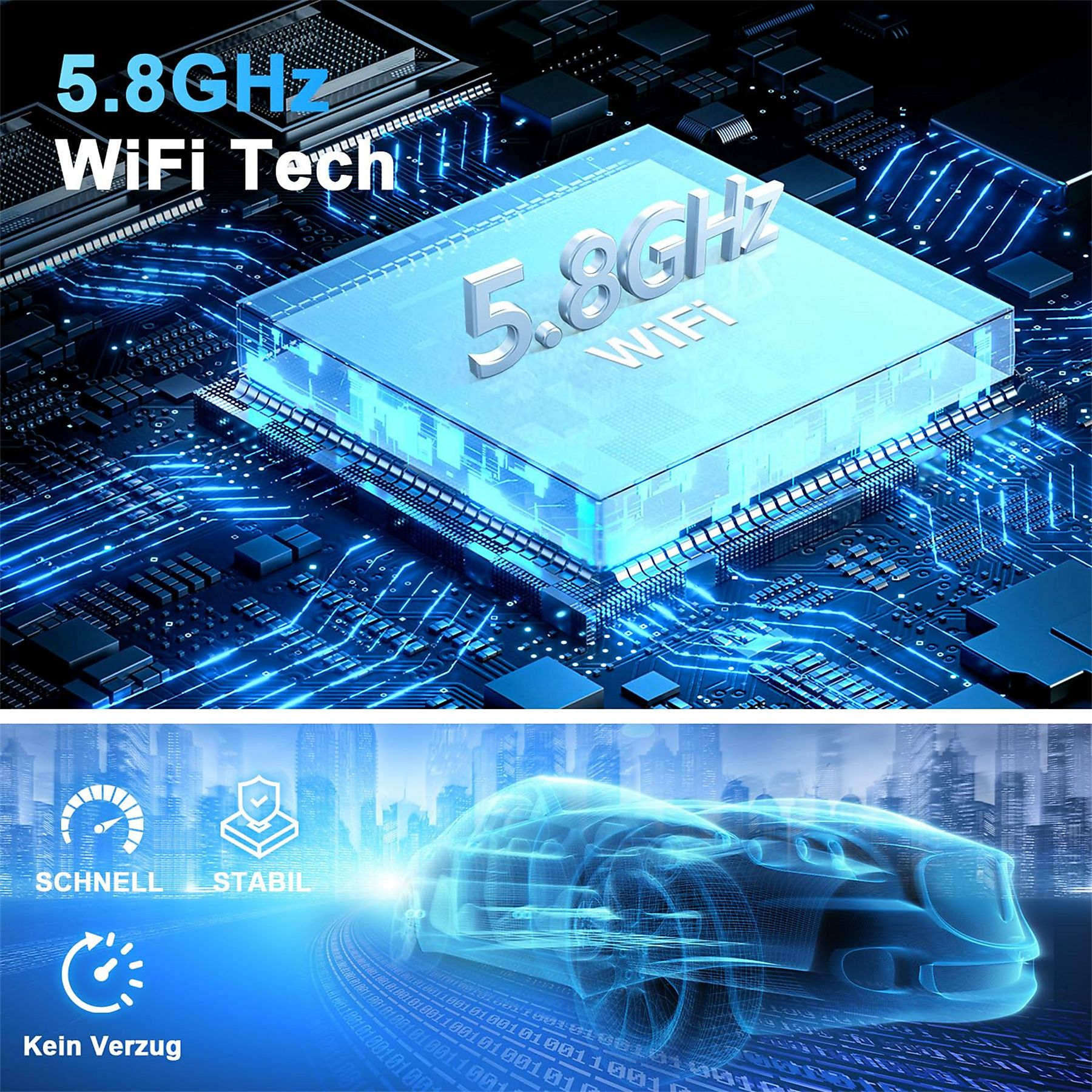 Blau beleuchtetes Leiterplatten-Grafik mit '5.8GHz WiFi Tech' Text und Auto-Umriss.