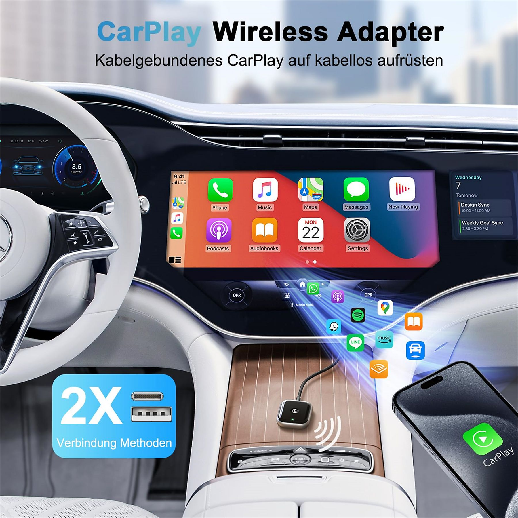 Ein Autointerieur mit einem Display, das Carplay-Apps zeigt. Text sagt: 'CarPlay Wireless Adapter'.