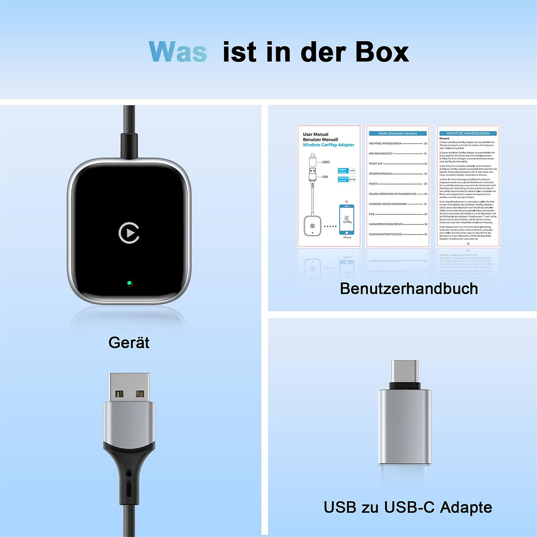 Der Inhalt der Box: ein Gerät, ein USB-C-Adapter und eine Bedienungsanleitung.
