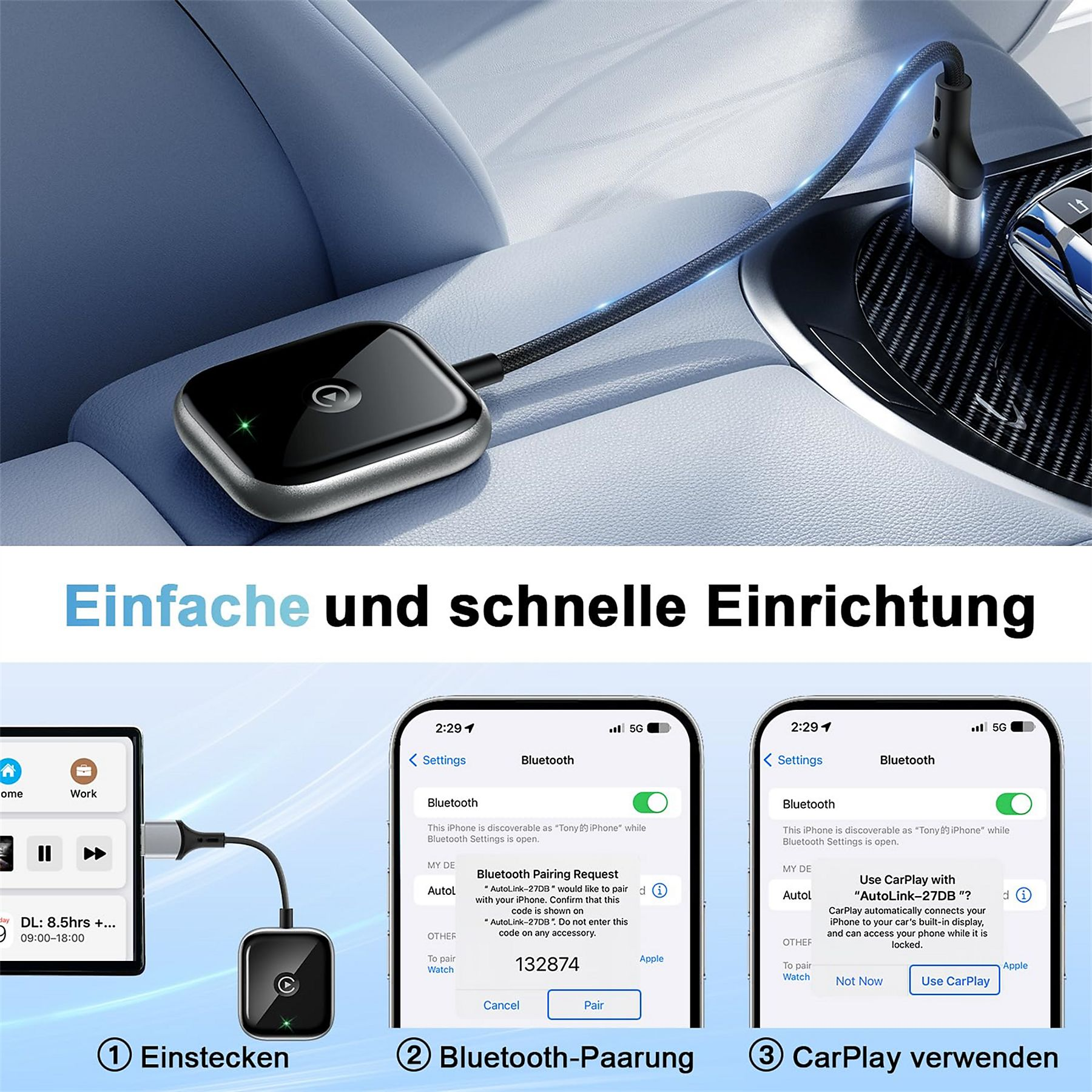 Carplay-Adapter mit Telefonbildschirmen, die Einrichtungsschritte zeigen. Text: 'Einfache und schnelle Einrichtung'.
