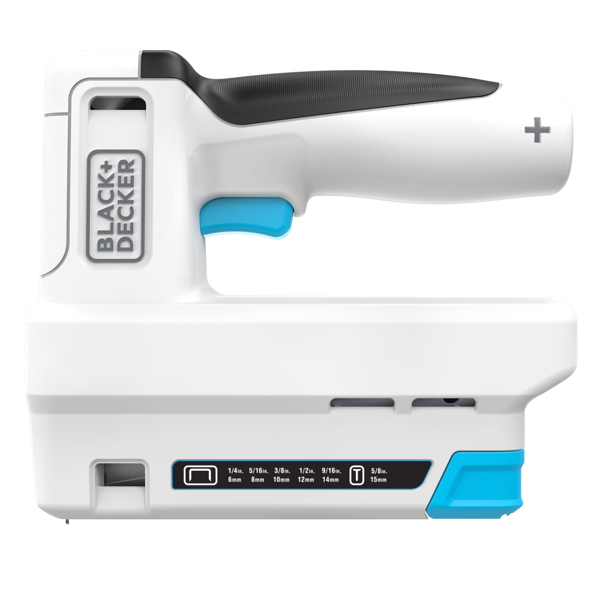 Weiß-blaue Black+Decker Tackerpistole mit detaillierten Etiketten.