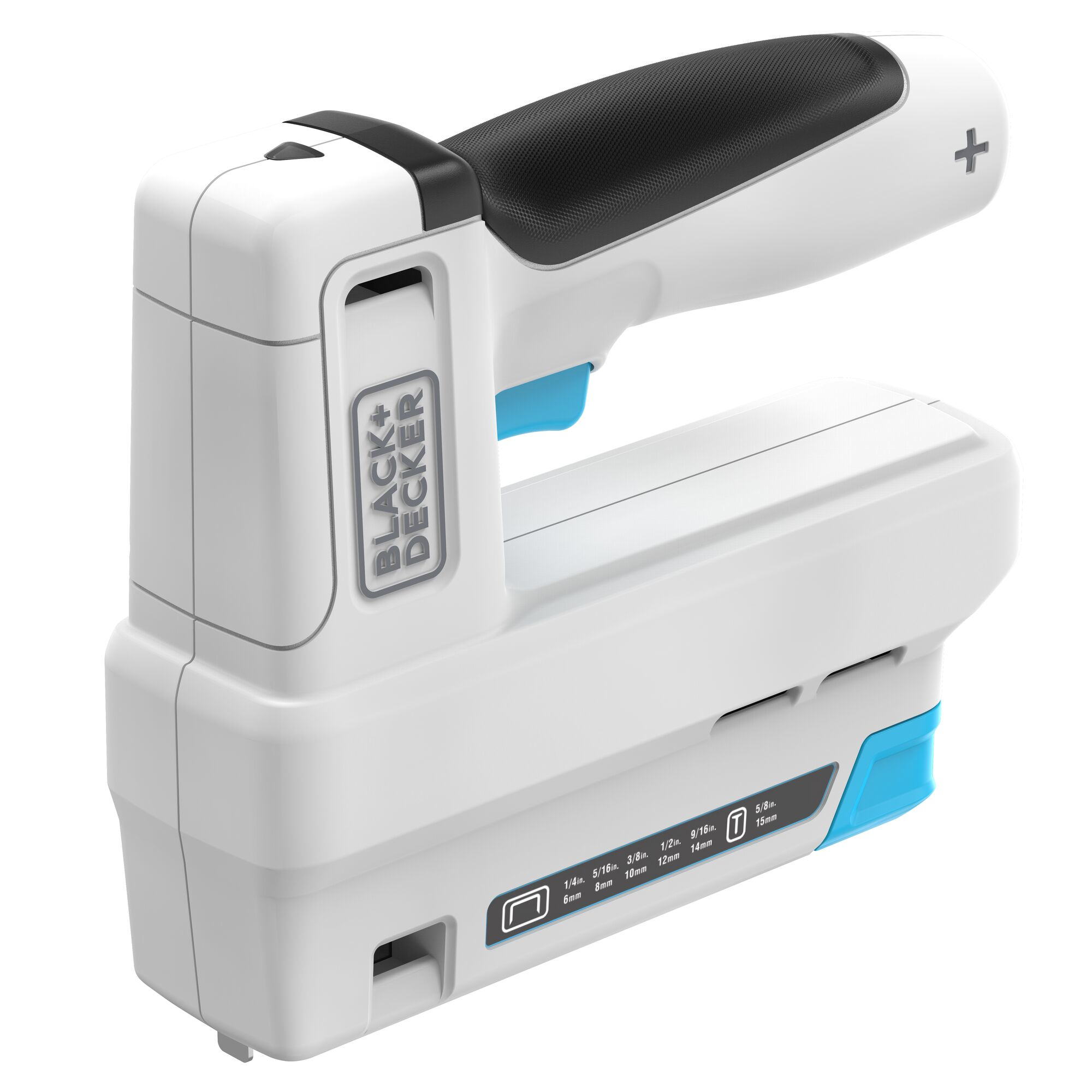 Nahaufnahme einer weißen und blauen Black+Decker Tackerpistole.