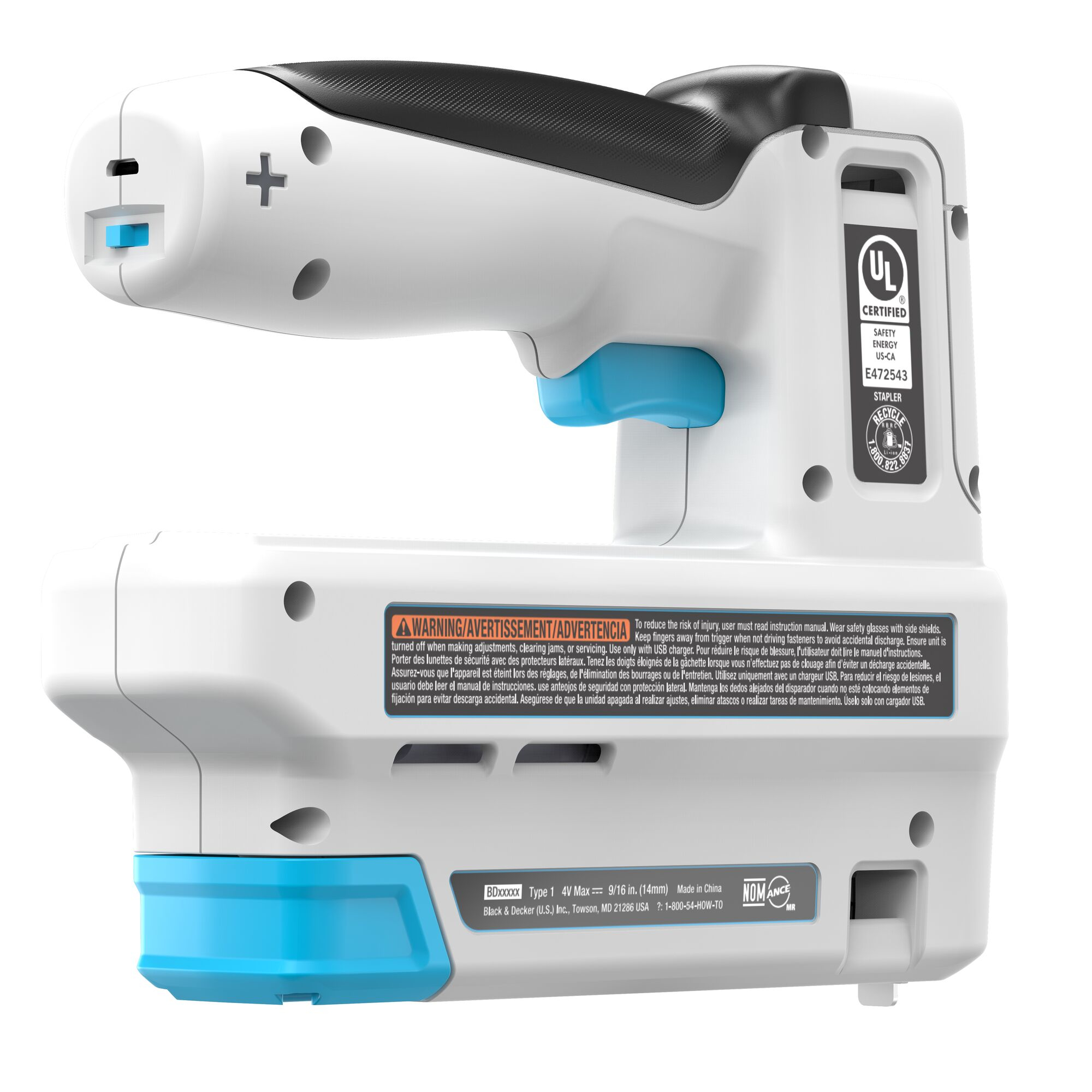 Nahaufnahme der Rückseite der Black+Decker Tackerpistole, zeigt Sicherheitsinformationen.