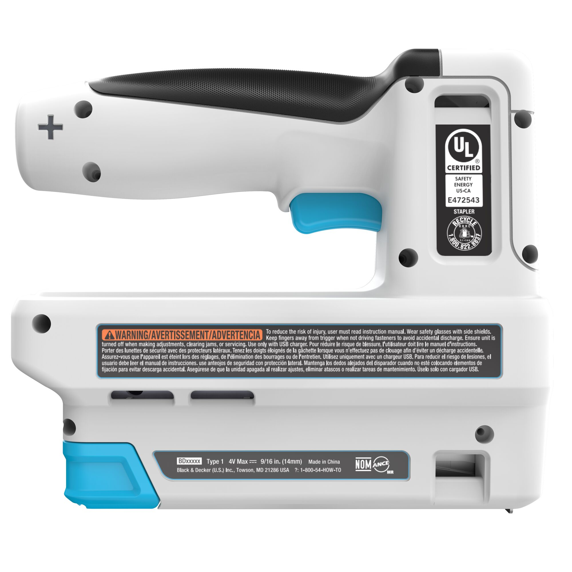 Ein weiß-blauer Black+Decker-Hefter mit schwarzem Griff auf weißem Hintergrund.
