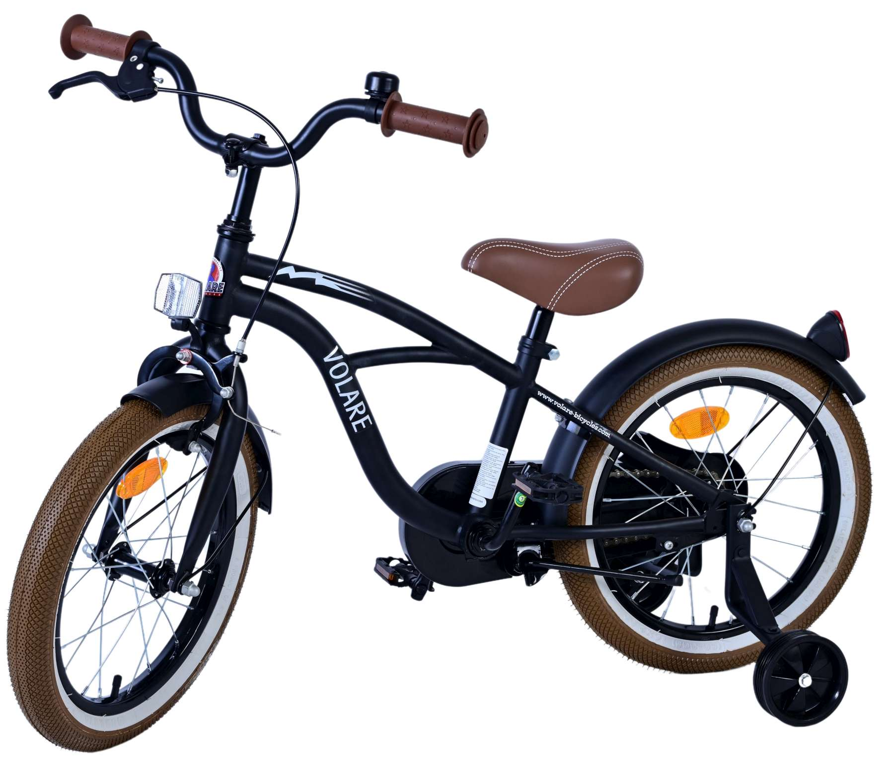 Schwarzes Kinderfahrrad mit braunen Reifen und Sitz. Stützräder sind angebracht. Lenker und Volare-Logo sichtbar.