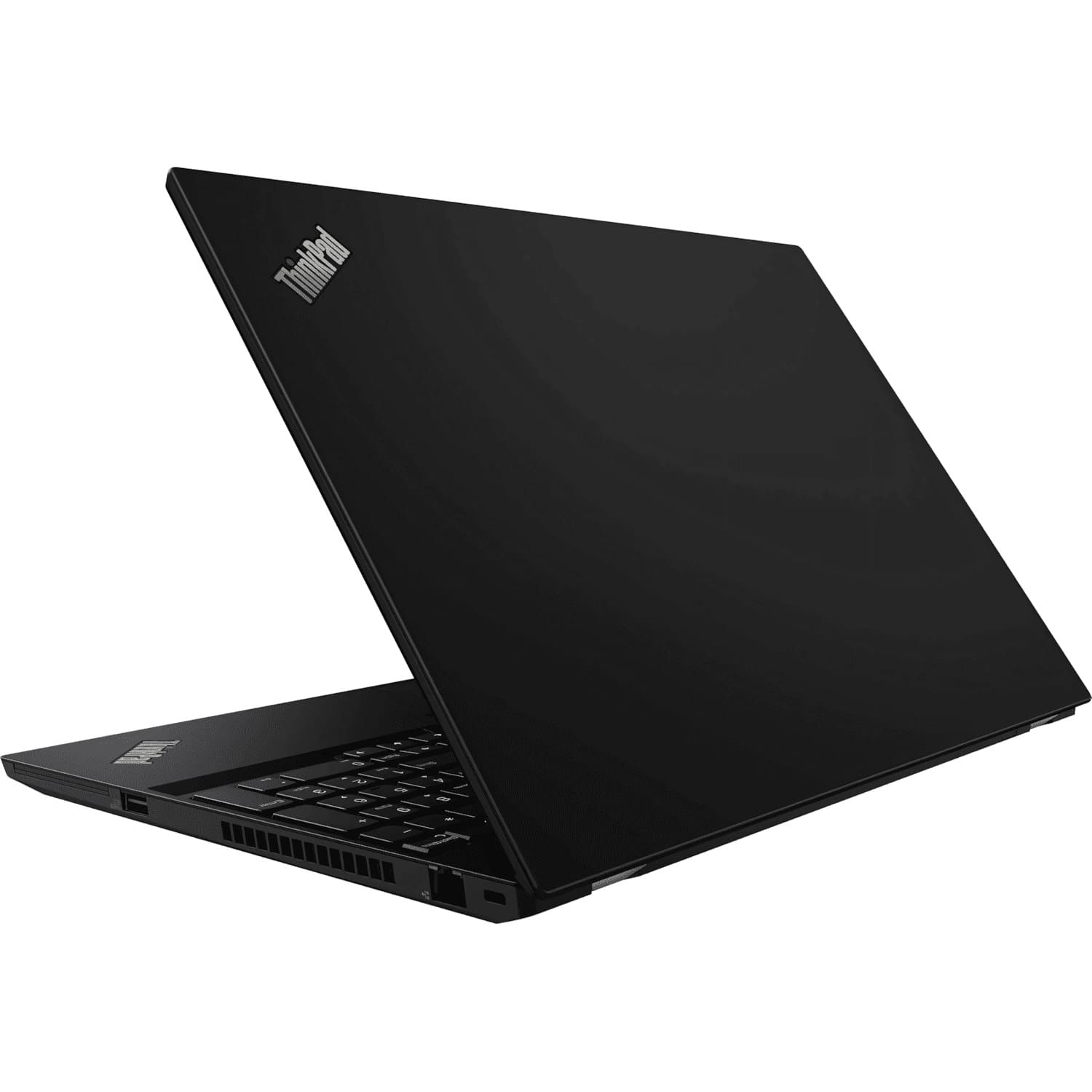 La parte trasera de una computadora portátil ThinkPad negra abierta que muestra su teclado, puertos y logotipo.