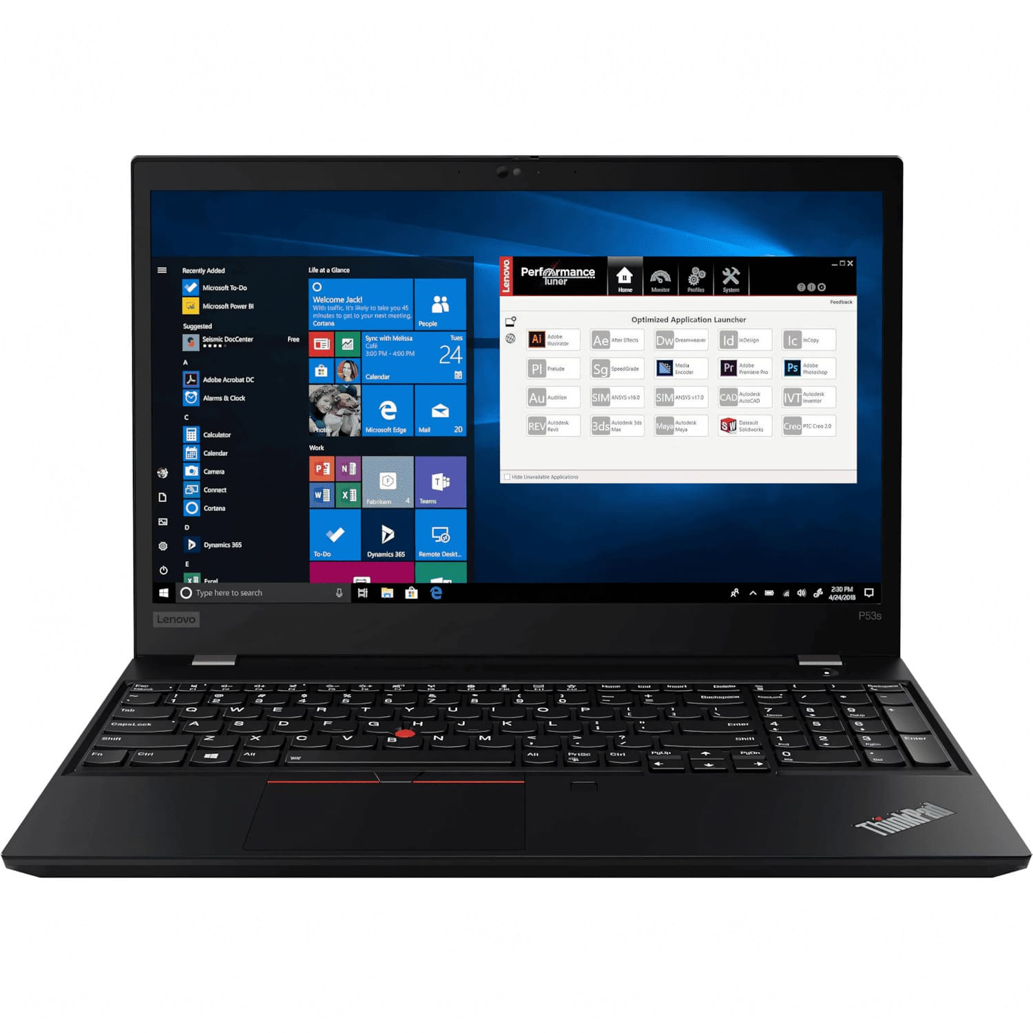 Una laptop Lenovo está abierta, mostrando un escritorio con varios iconos de aplicaciones. El teclado y el panel táctil son visibles.