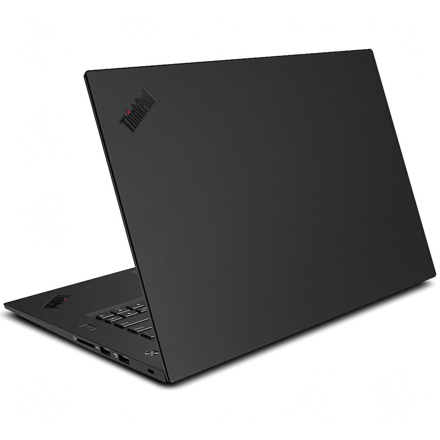 Portátil ThinkPad negro con tapa cerrada sobre un fondo blanco. La parte posterior del portátil es visible.