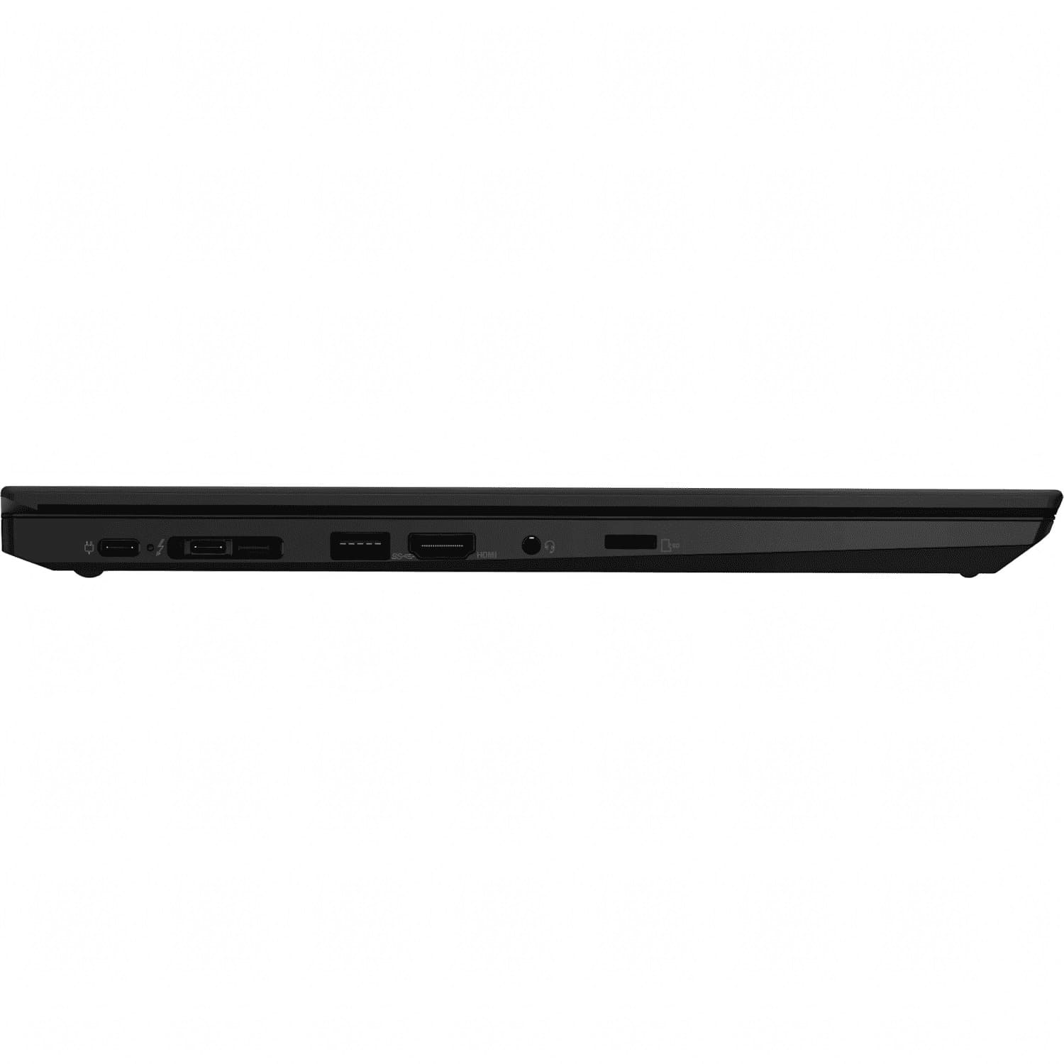 Una vista lateral de una computadora portátil ThinkPad negra abierta que muestra sus puertos y teclado.