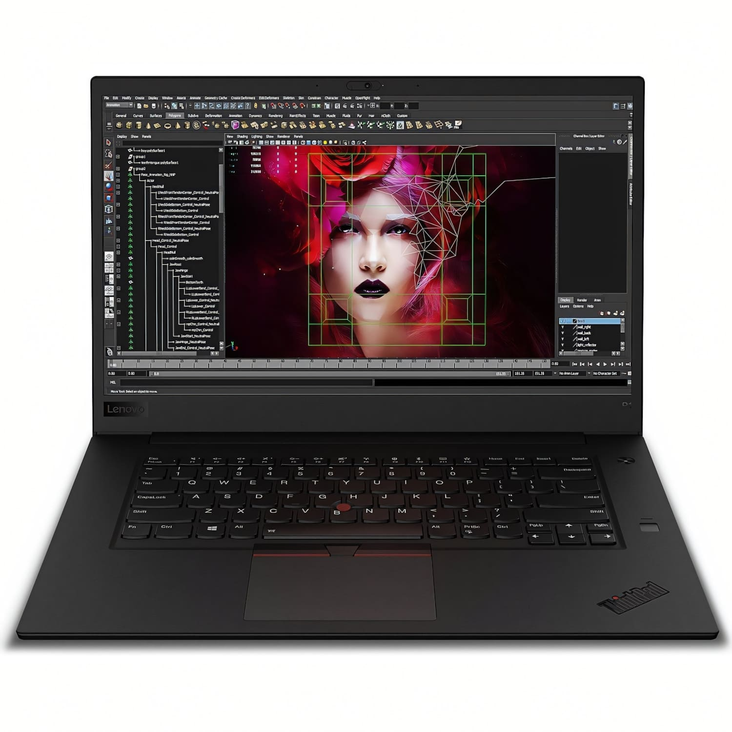 Portátil negro con una pantalla que muestra el rostro de una mujer y formas geométricas. Teclado y logo Lenovo visibles.