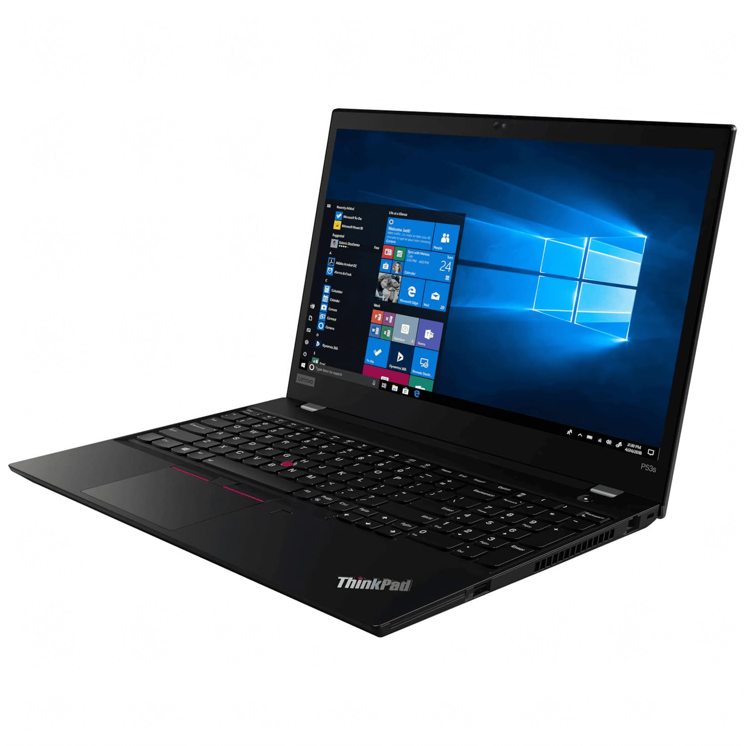 Portátil ThinkPad negro con pantalla abierta que muestra la interfaz de Windows. El teclado y el panel táctil son visibles.