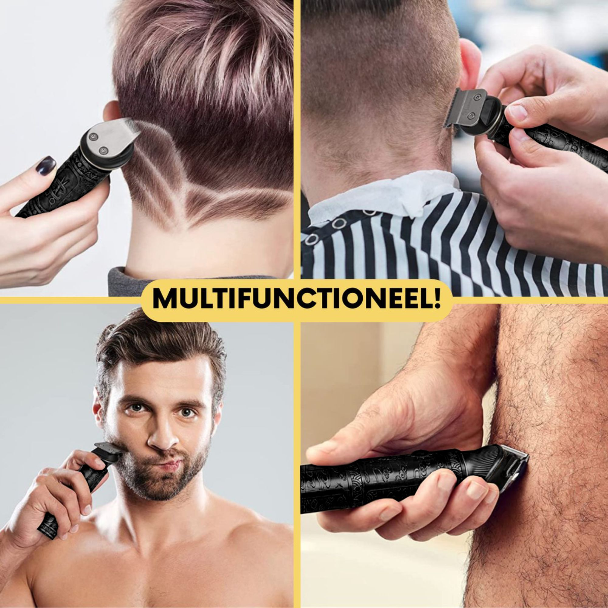 Männer benutzen einen Trimmer für Haare und Bart. Der Text 'MULTIFUNCTIONEEL!' wird angezeigt.