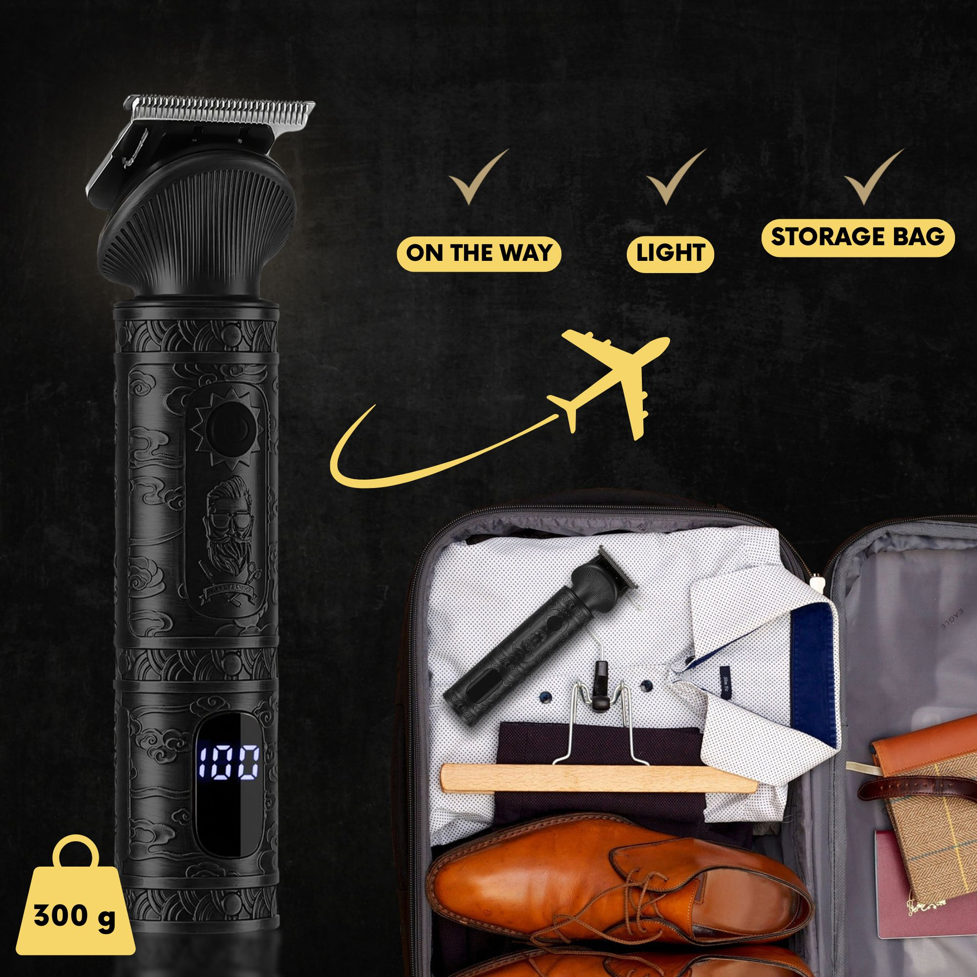 Schwarzer Haarschneider mit Muster und Digitalanzeige, neben Gegenständen in einer Reisetasche.