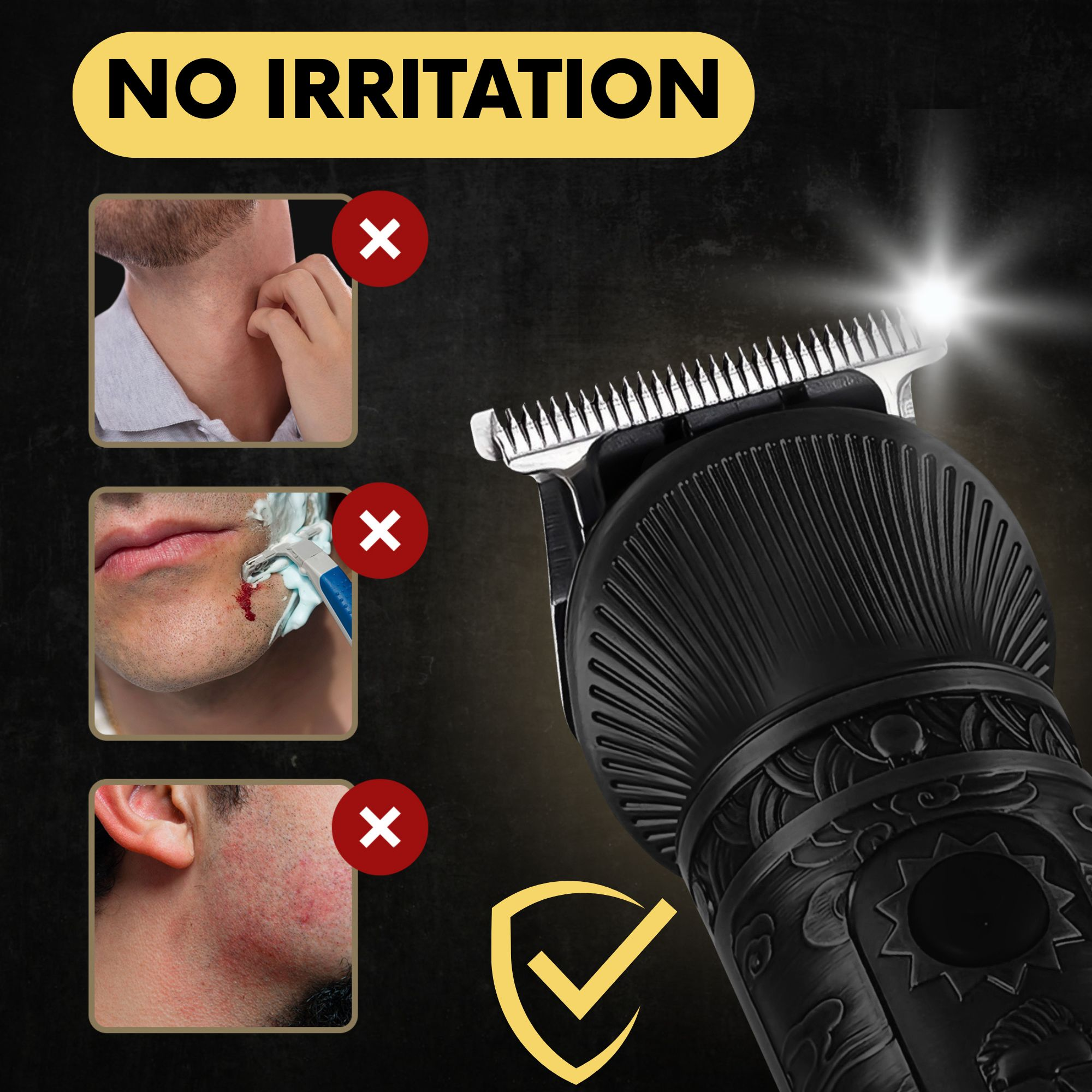 Ein Trimmer mit Bildern, die keine Hautreizung zeigen. Text sagt 'NO IRRITATION'.