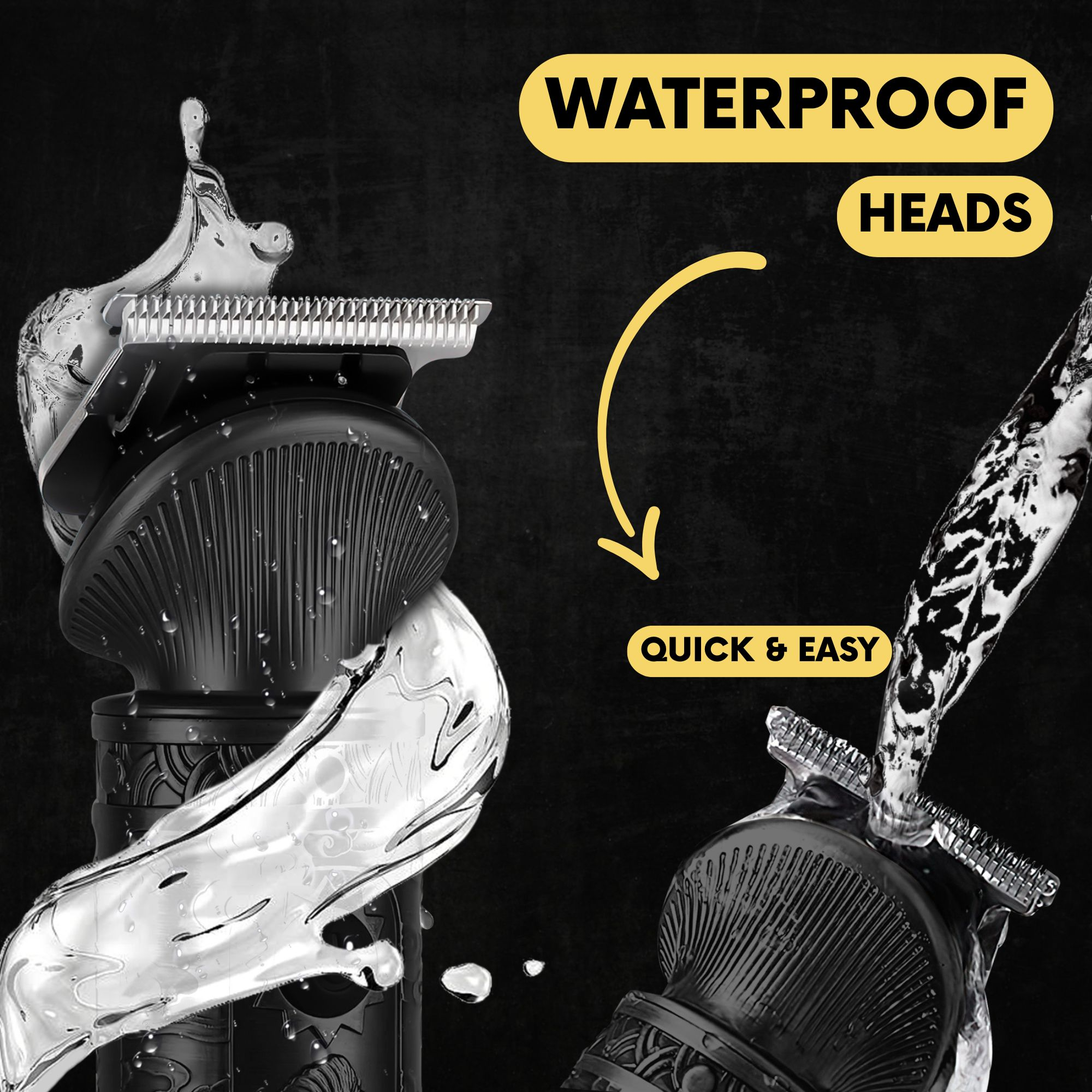 Zwei Trimmer, auf die Wasser spritzt. Text sagt 'WATERPROOF HEADS' und 'QUICK & EASY'.