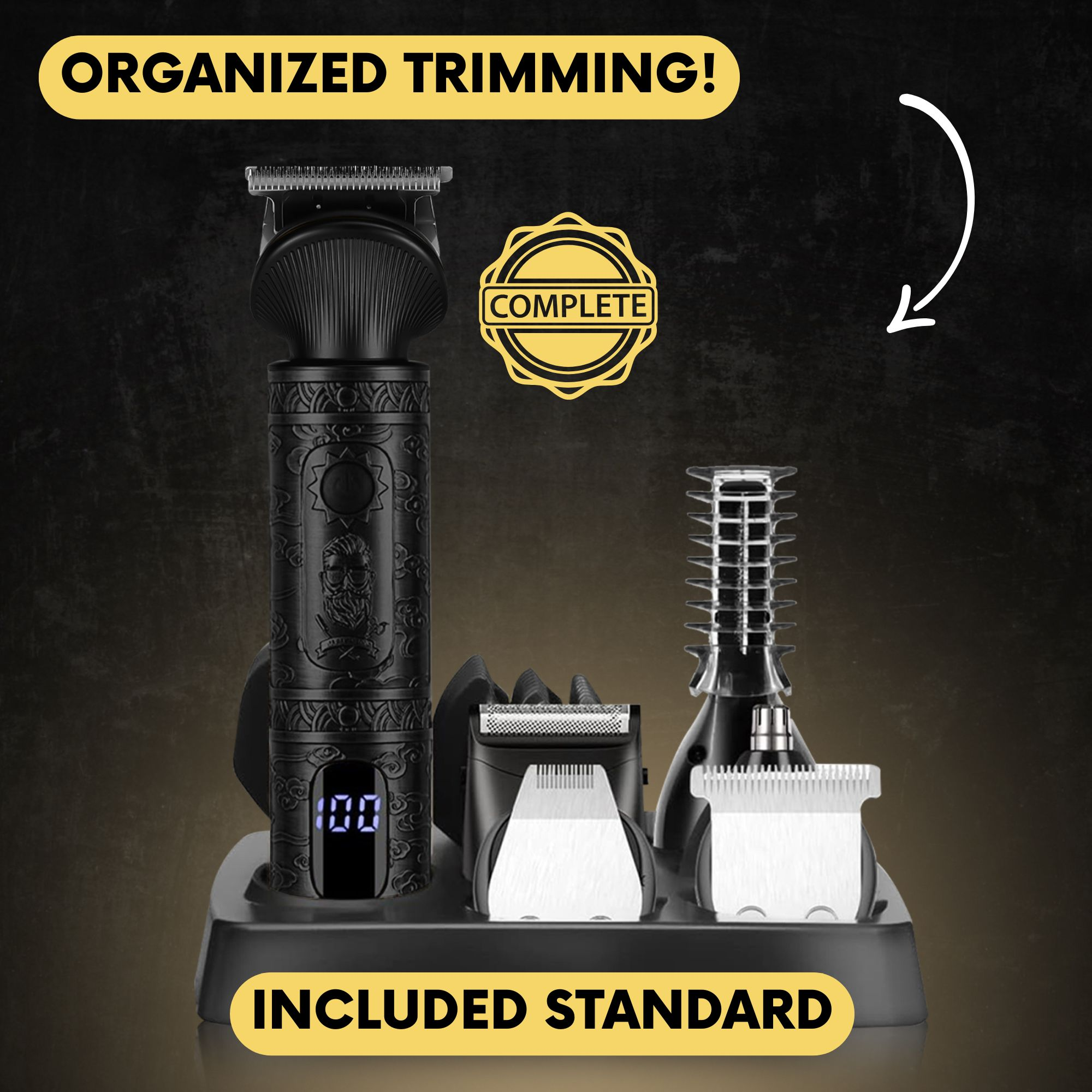 Ein schwarzer Trimmer mit verschiedenen Aufsätzen auf einer Basis. Text sagt 'ORGANIZED TRIMMING!'. 'INCLUDED STANDARD'.