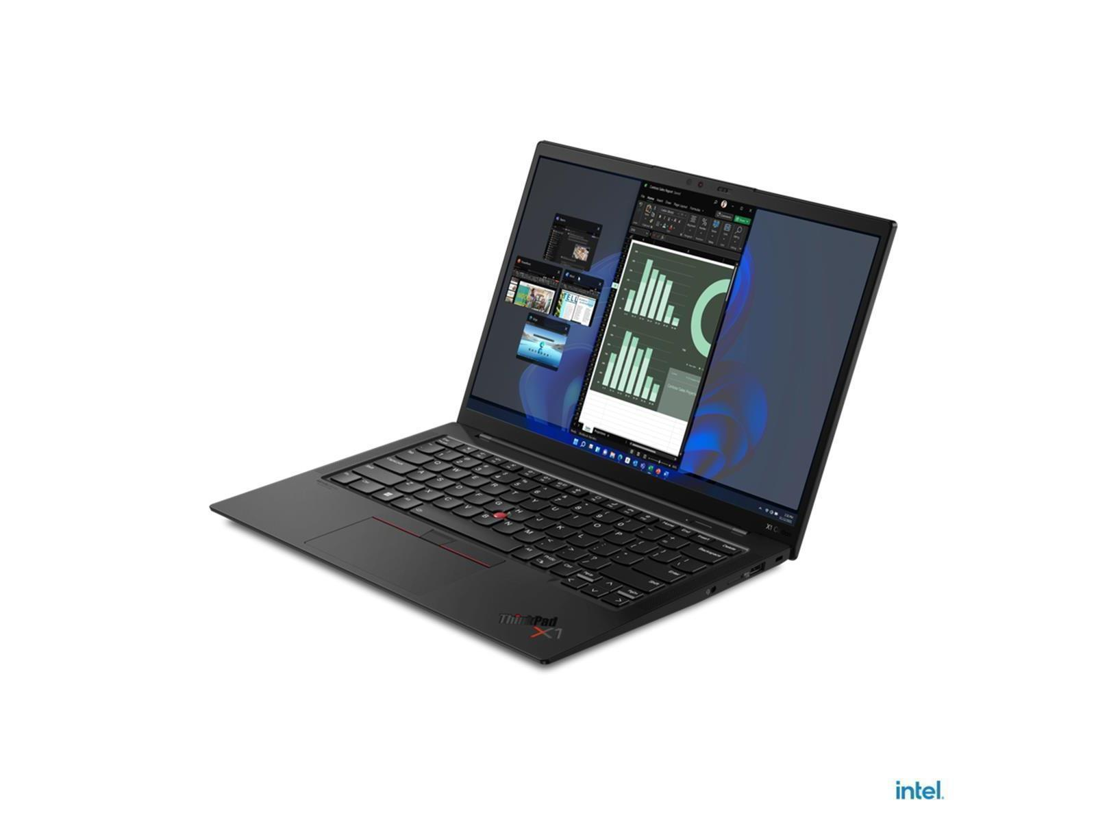 Schwarzer Laptop mit offenem Bildschirm, der Diagramme anzeigt, vor weißem Hintergrund. Intel-Logo unten.
