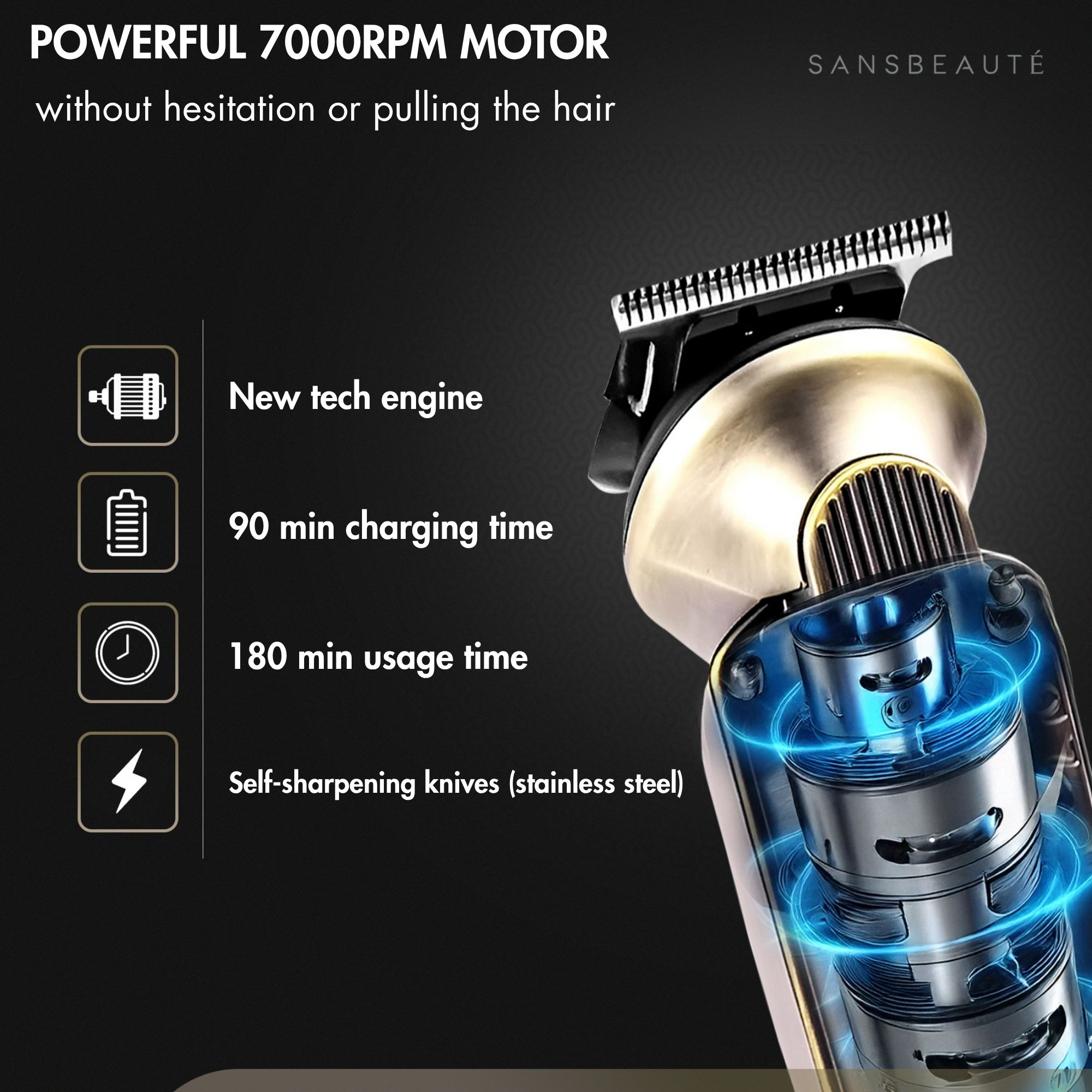 Gros plan sur une tondeuse à cheveux dorée. Texte indique moteur 7000RPM, 90 min charge, 180 min utilisation.