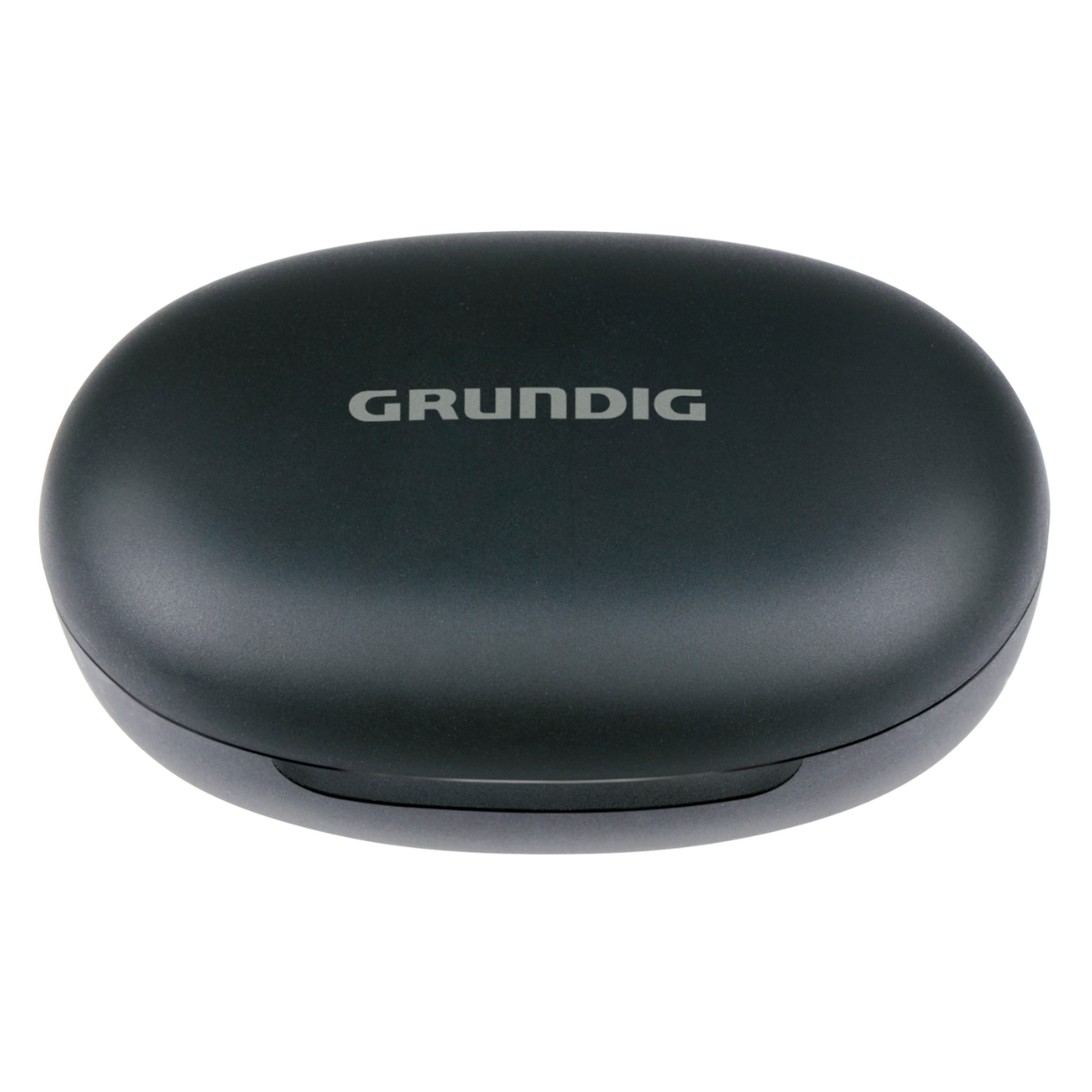Zwarte, ovaalvormige Grundig-etui. De merknaam staat in wit op de etui.