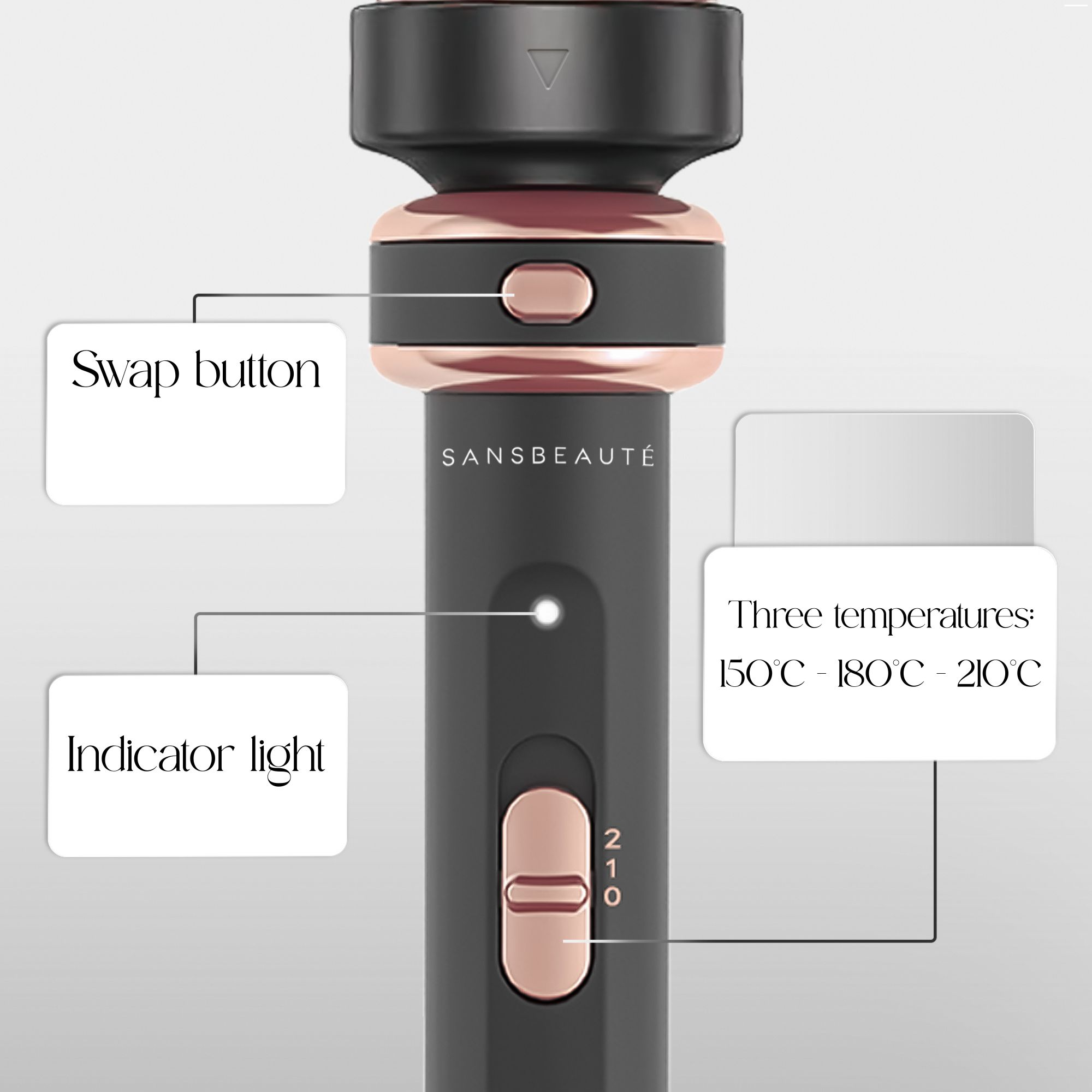 Haarstylingtool met roségoud en zwarte accenten. Voorzien van een wisselknop, indicatielampje en temperatuurinstellingen.