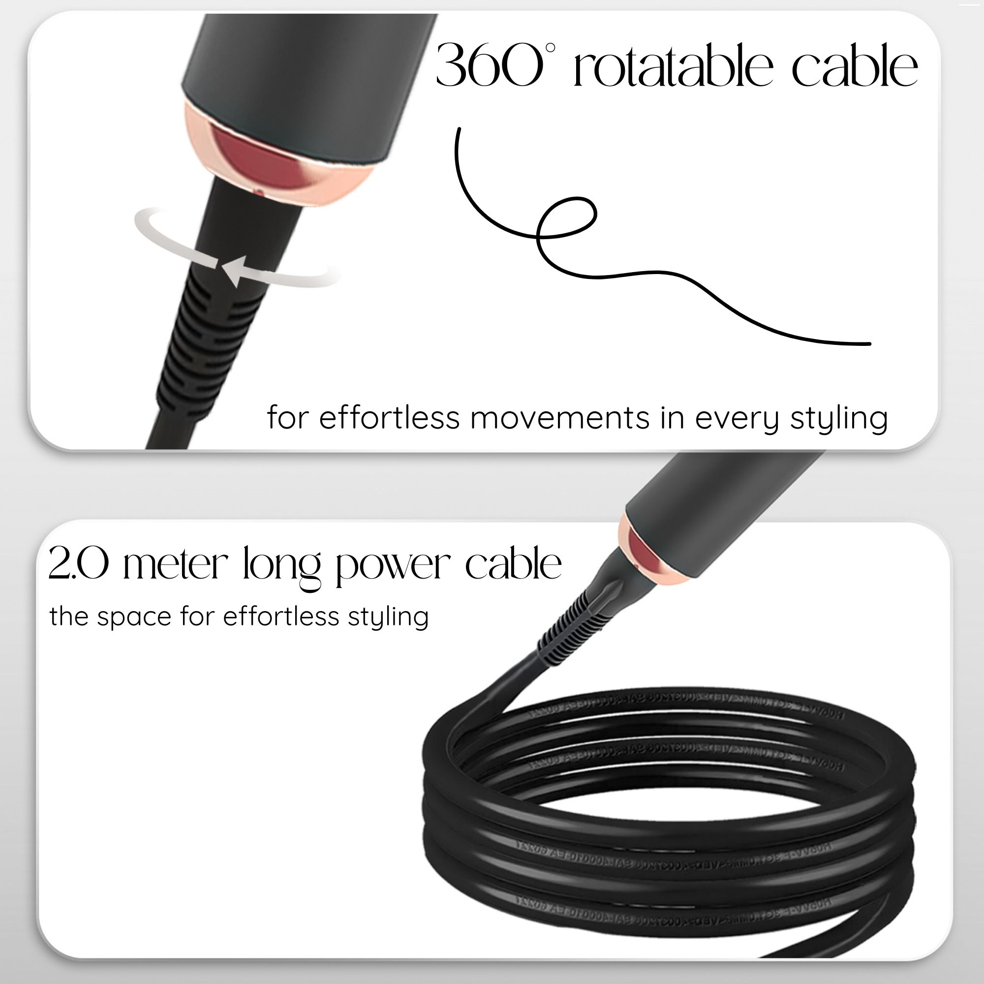 Afbeelding toont een haarstylingtool met een 360 graden draaibare kabel en een 2,0 meter lange voedingskabel.