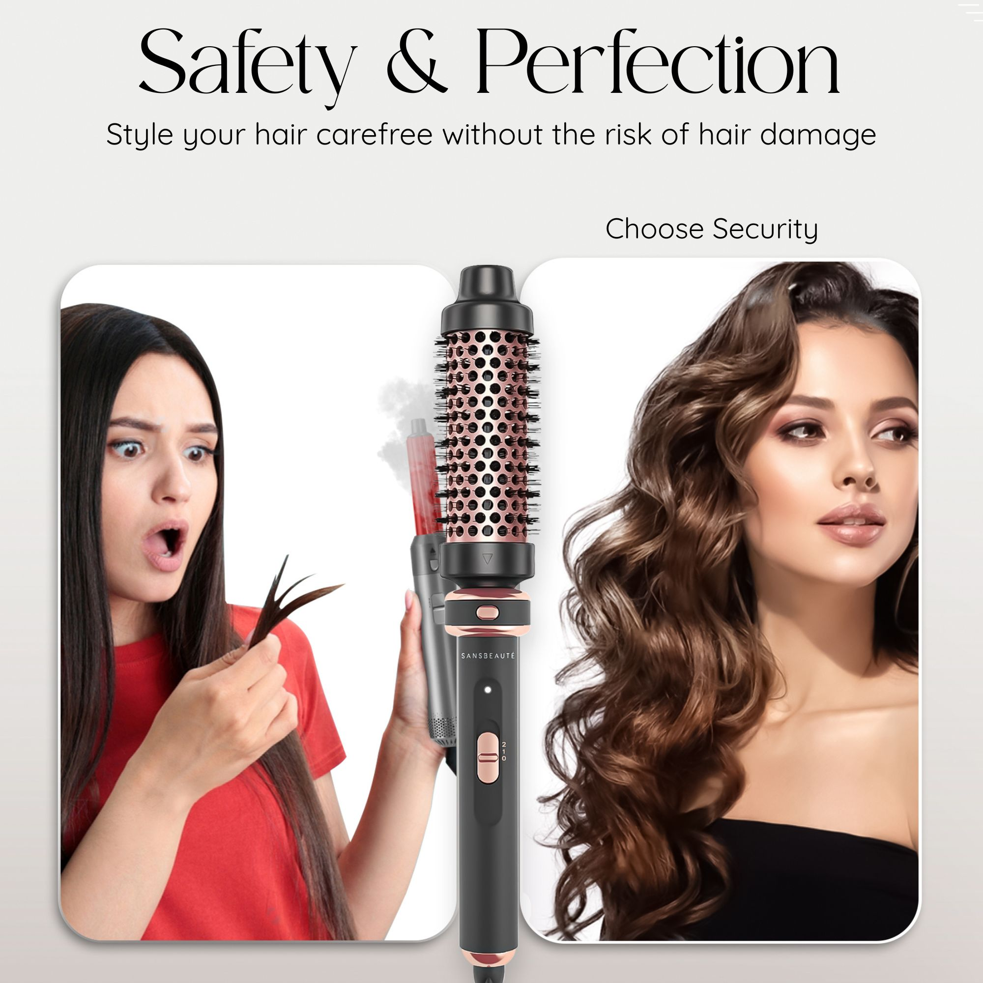 Haarstylingtool met twee vrouwen met verschillende kapsels en de tekst Veiligheid & Perfectie.