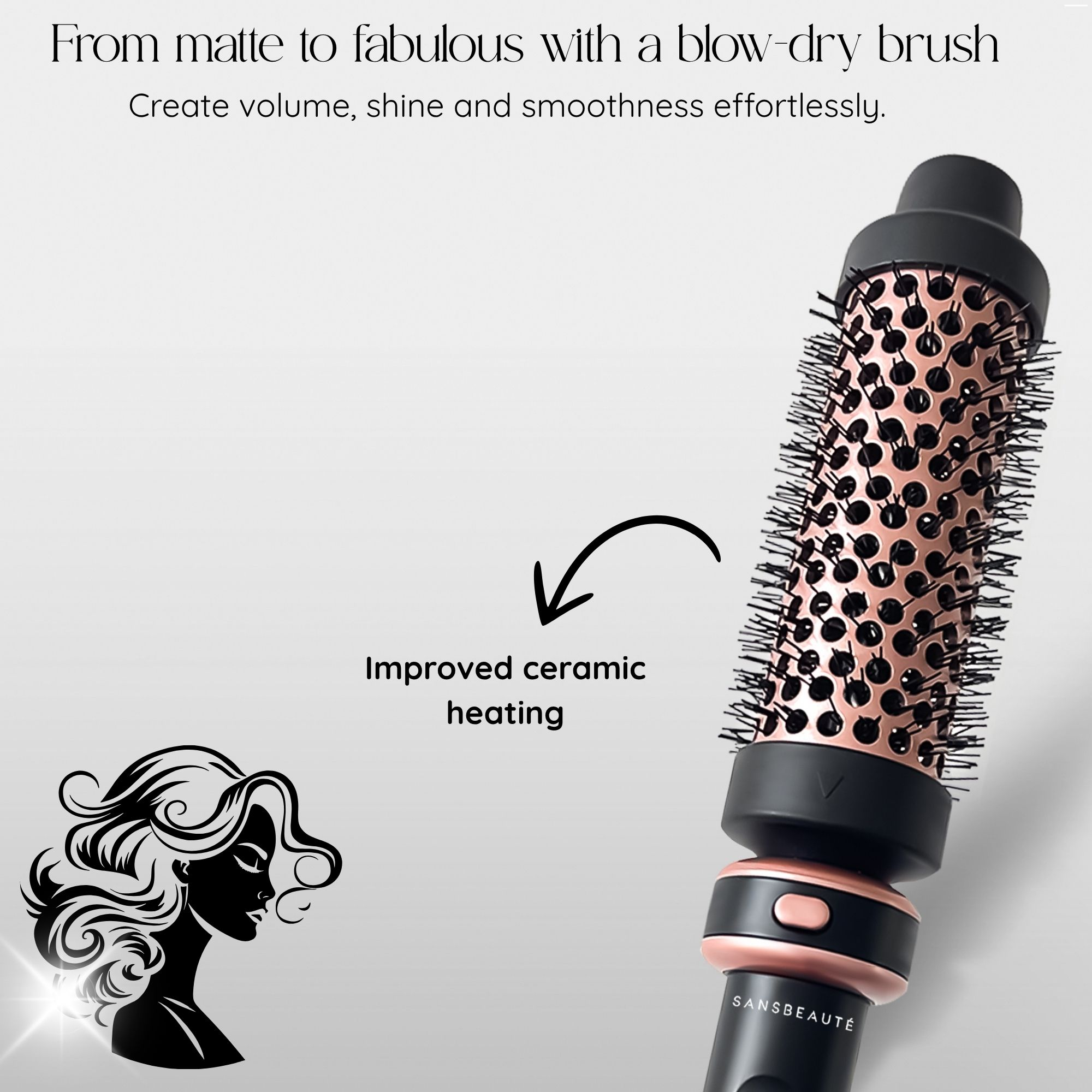 Haarstylingtool met een silhouet van een vrouw en tekst over verbeterde keramische verwarming.