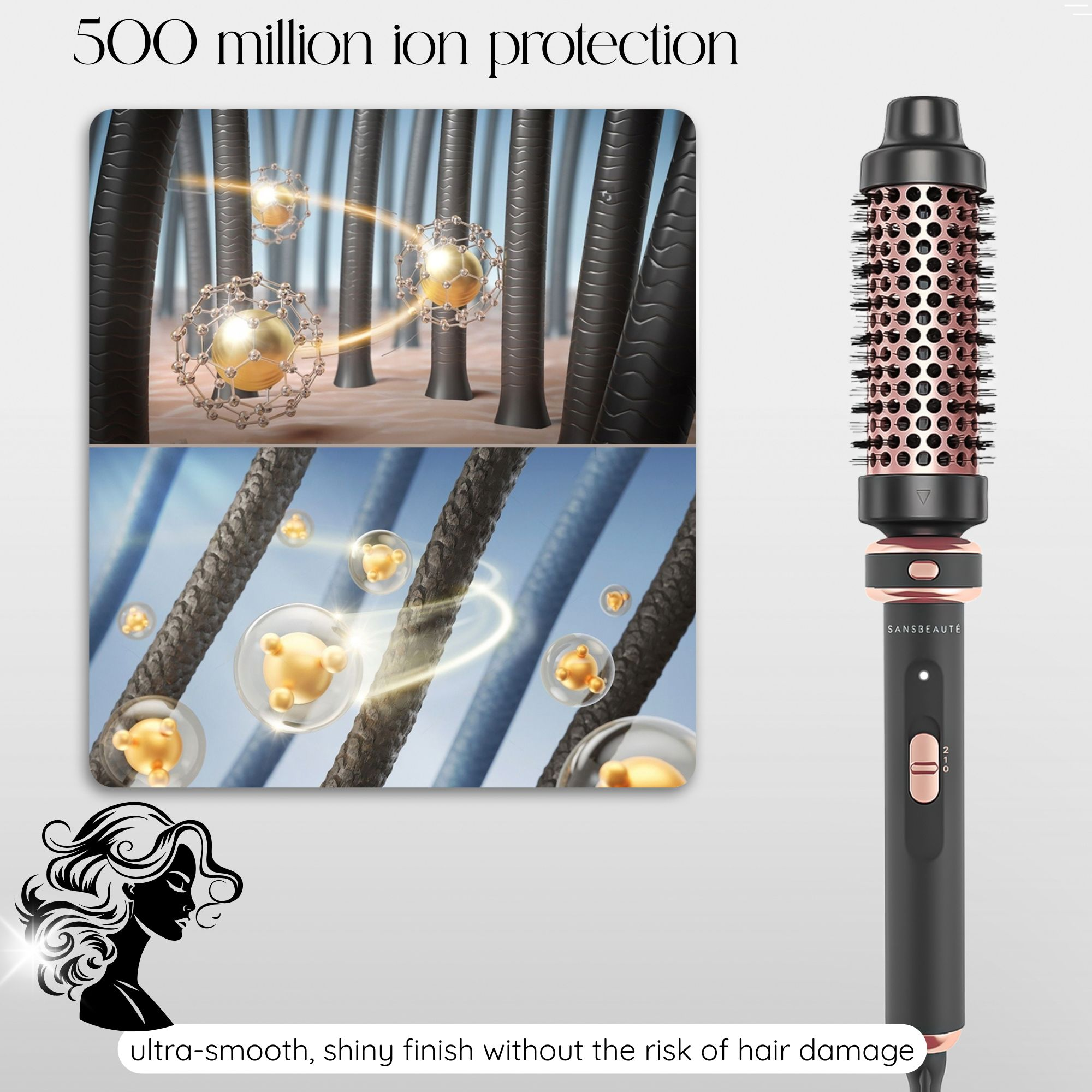 Haarstylingtool met een afbeelding die het proces van de tool toont. Tekst zegt 500 miljoen ionenbescherming.