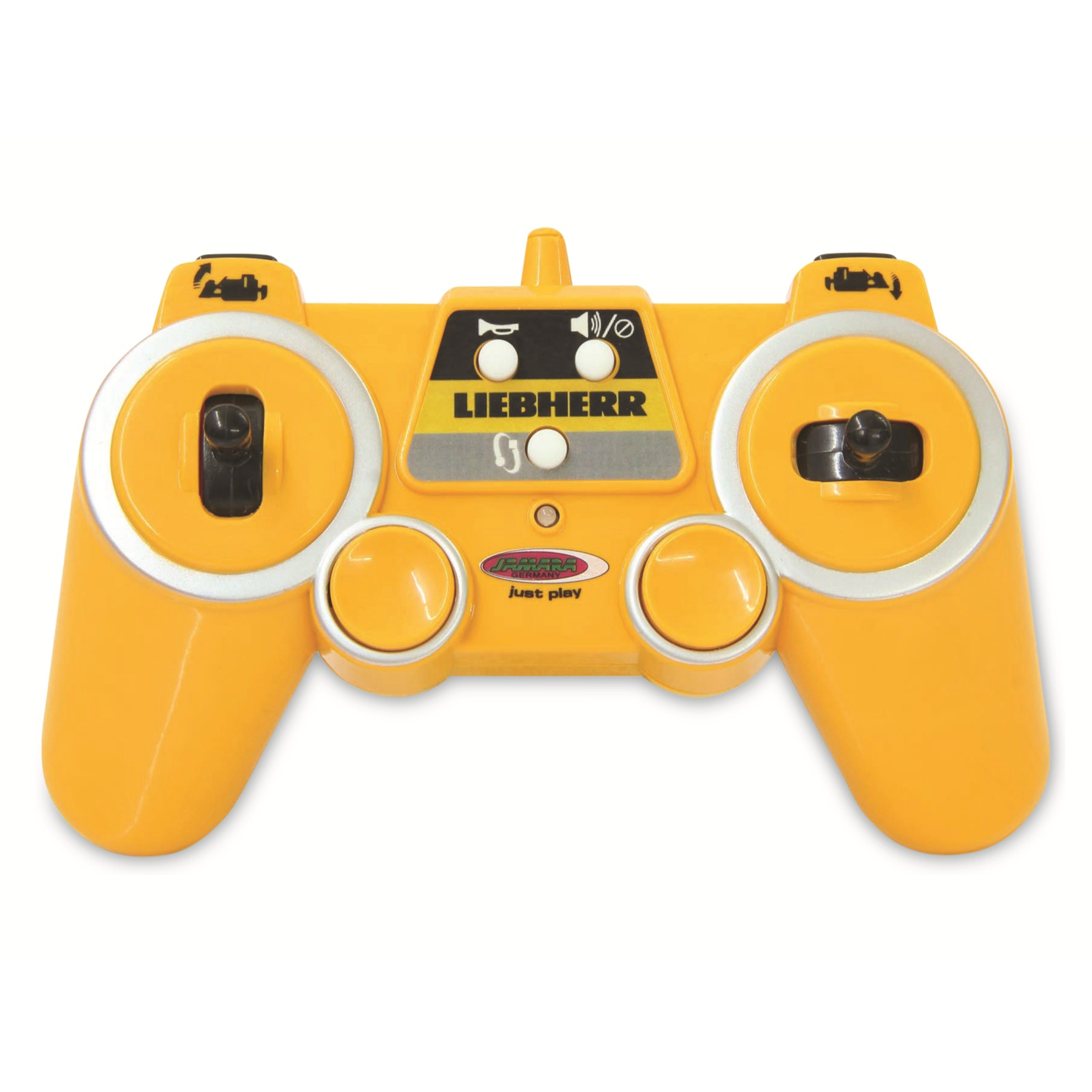 Gelbe Fernbedienung Spielzeug für einen Liebherr-Bulldozer. Hat Knöpfe und Joysticks. Weißer Hintergrund.