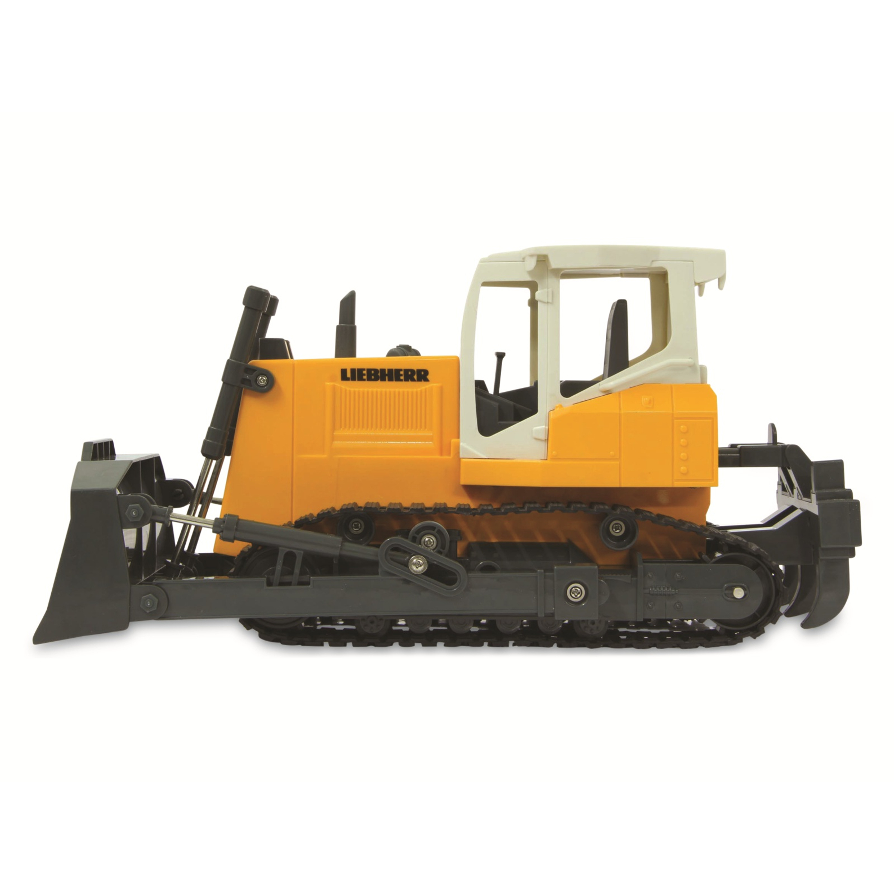 Gelbes Liebherr-Bulldozer-Spielzeug. Es hat eine Schaufel, Ketten und eine Kabine. Es ist auf weißem Hintergrund.