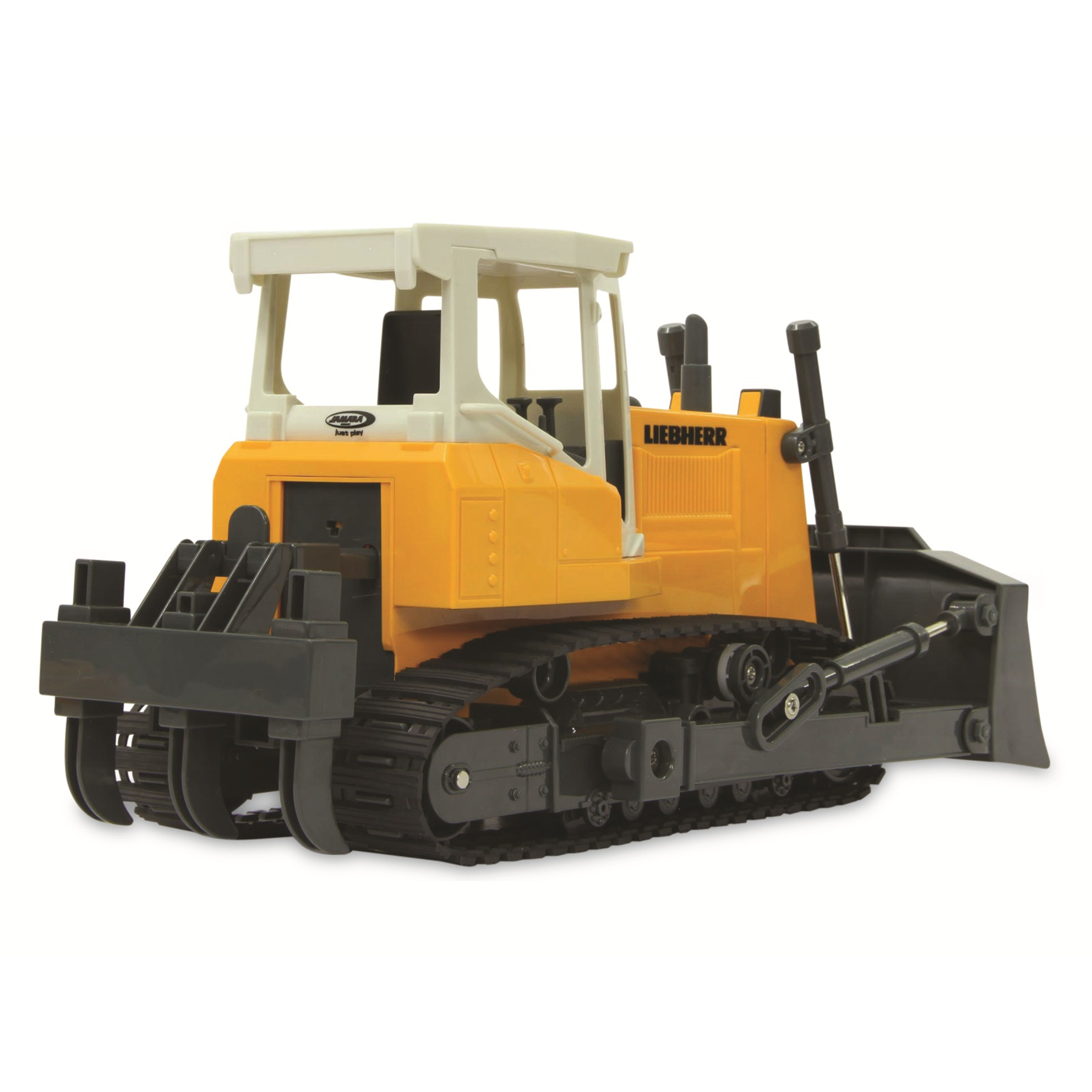 Ein gelber und schwarzer Spielzeugbagger auf weißem Hintergrund, mit dem Liebherr-Logo.