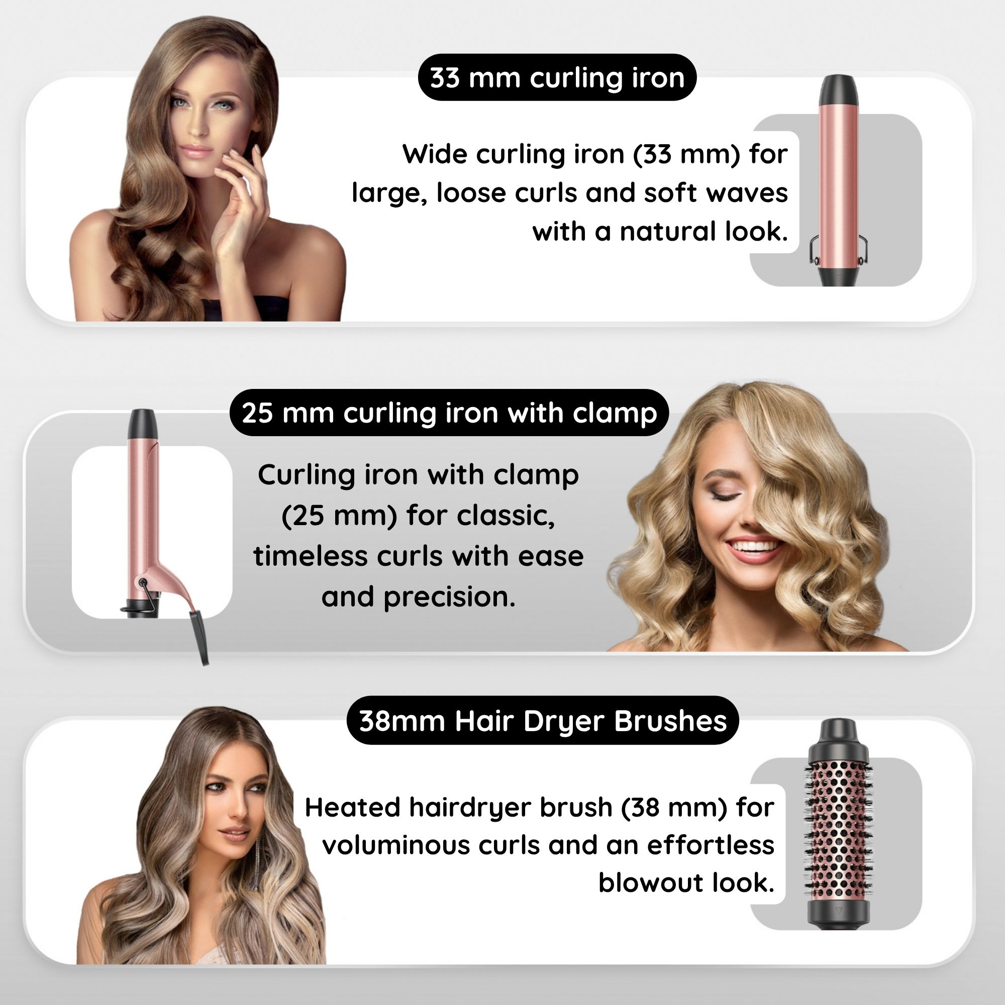 Drie afbeeldingen met verschillende krultangen en een haardrogerborstel met beschrijvingen. Het haar van vrouwen is gestyled.