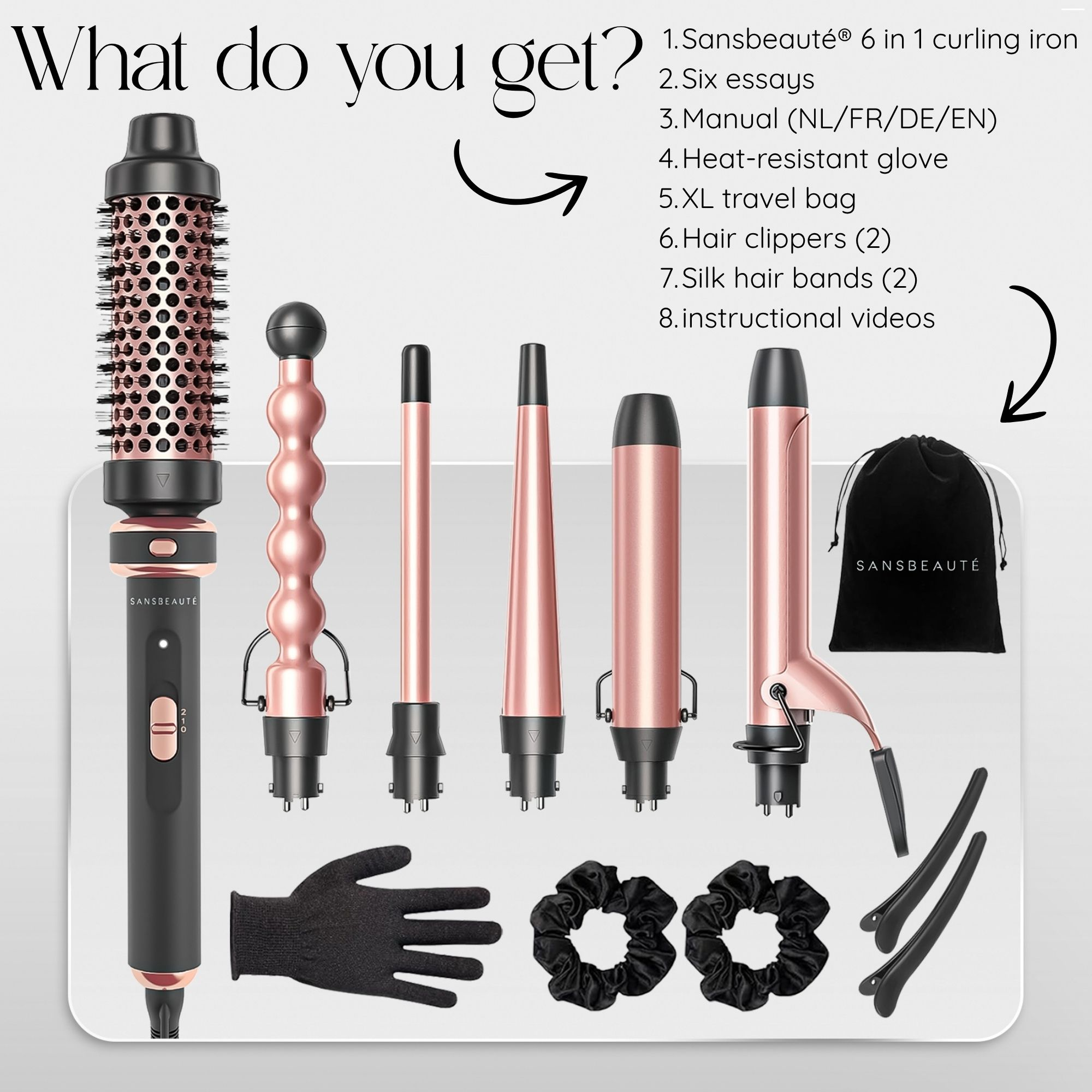 Sansbeauté 6-in-1 krultangset met zes essays, hittebestendige handschoen en accessoires op een witte achtergrond.
