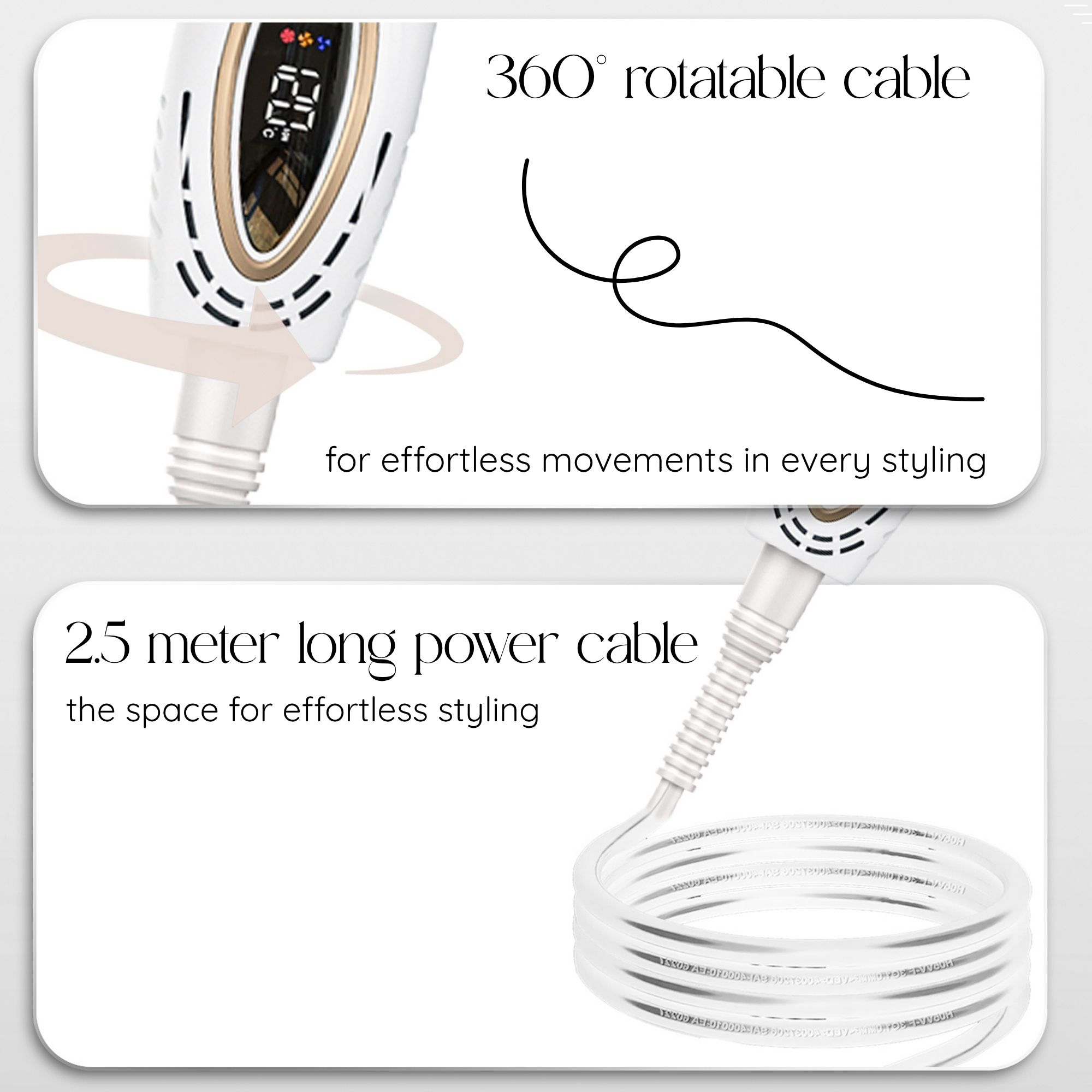 Haarstyler mit 360° drehbarem Kabel und 2,5 Meter langem Netzkabel für müheloses Styling.