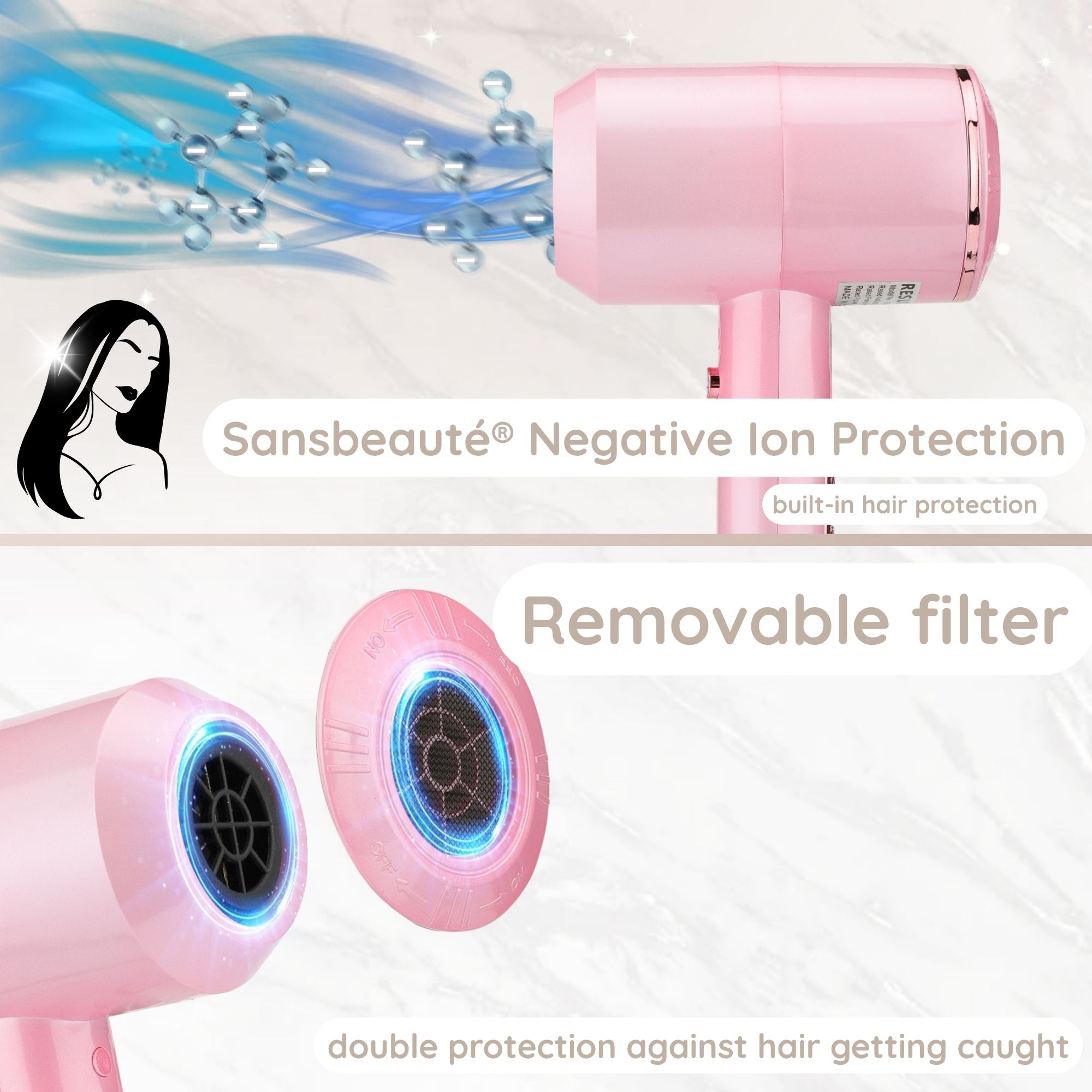 Sèche-cheveux rose avec protection ionique négative et filtre amovible pour une double protection.