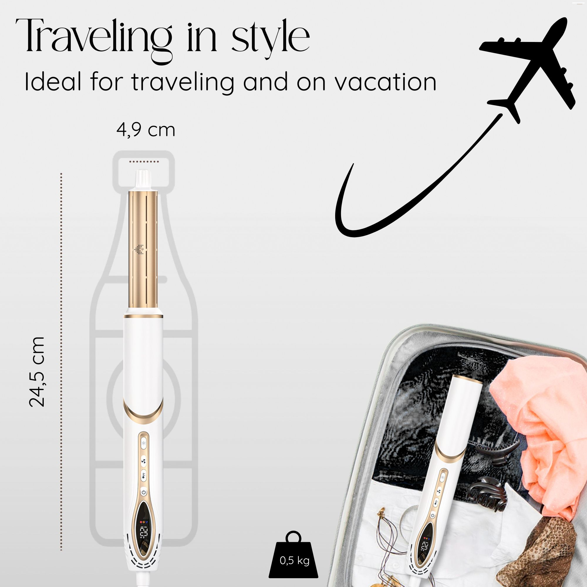 Ein Lockenstab, ein Koffer und eine Flugzeuggrafik mit Text, der auf Reisen, Urlaub und Produktabmessungen hinweist.