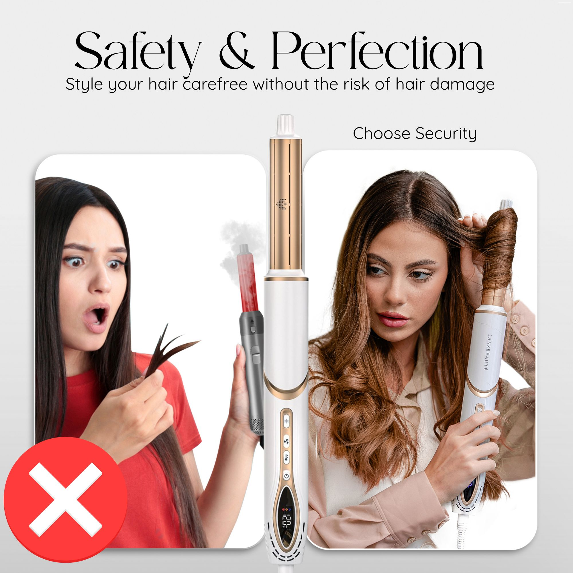 Die Collage kontrastiert das Risiko von Haarschäden mit sicherem Styling mit einem weißen und goldenen Lockenstab.