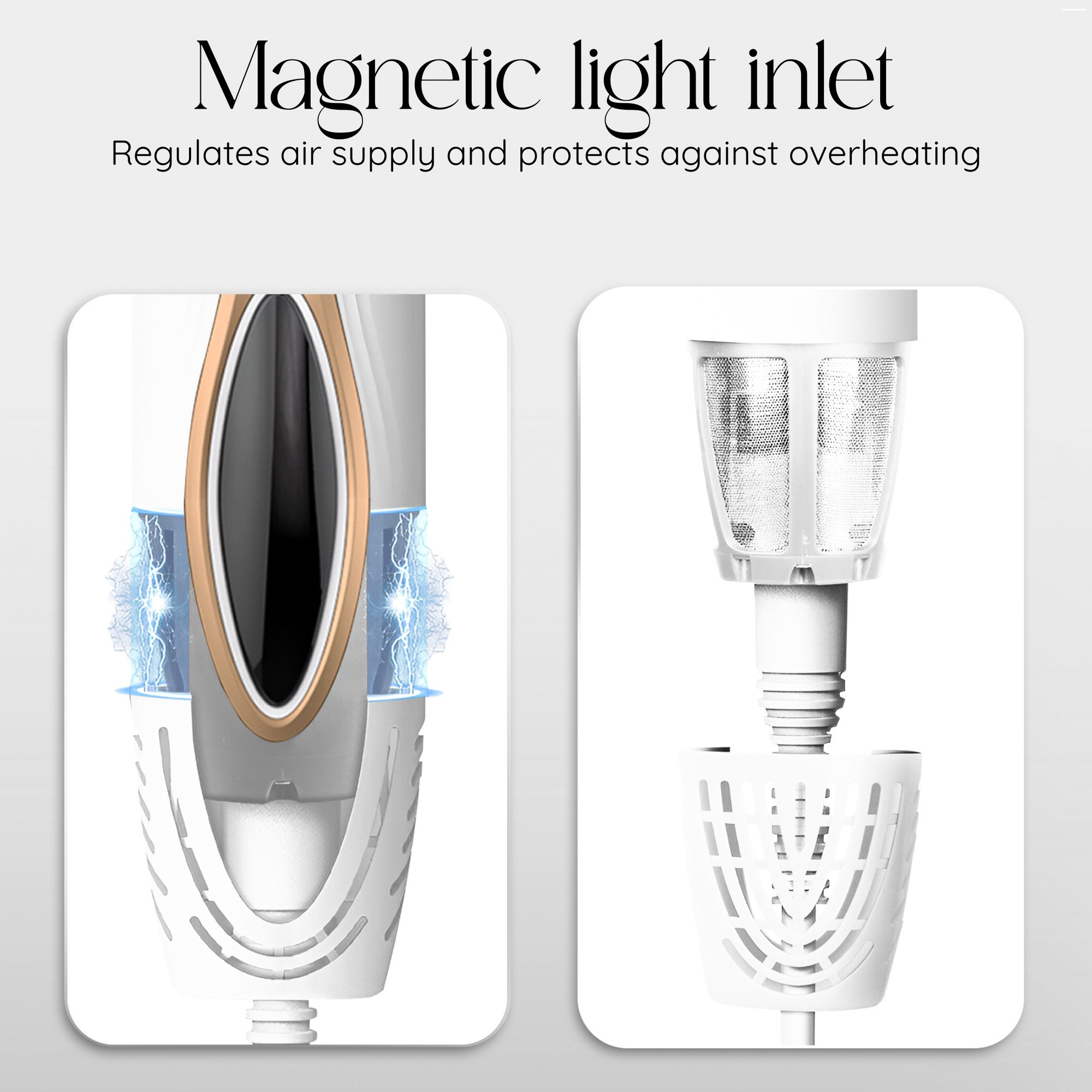 Detailansicht des magnetischen Lichteinlasses eines Haartrockners, der die Luftzufuhr reguliert und Überhitzung verhindert.