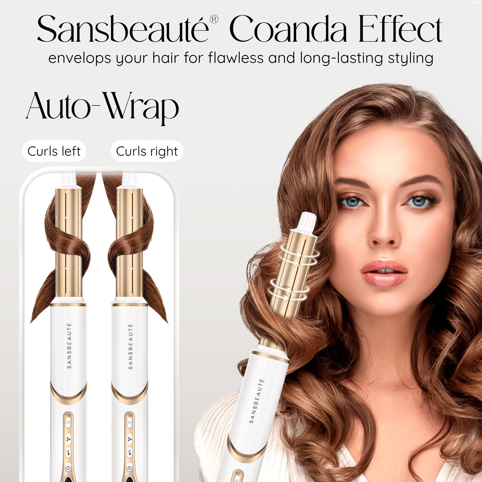 Das Bild zeigt ein Lockeneisen und ein Model mit gestyltem Haar, das den Coanda-Effekt für dauerhafte Locken bewirbt.